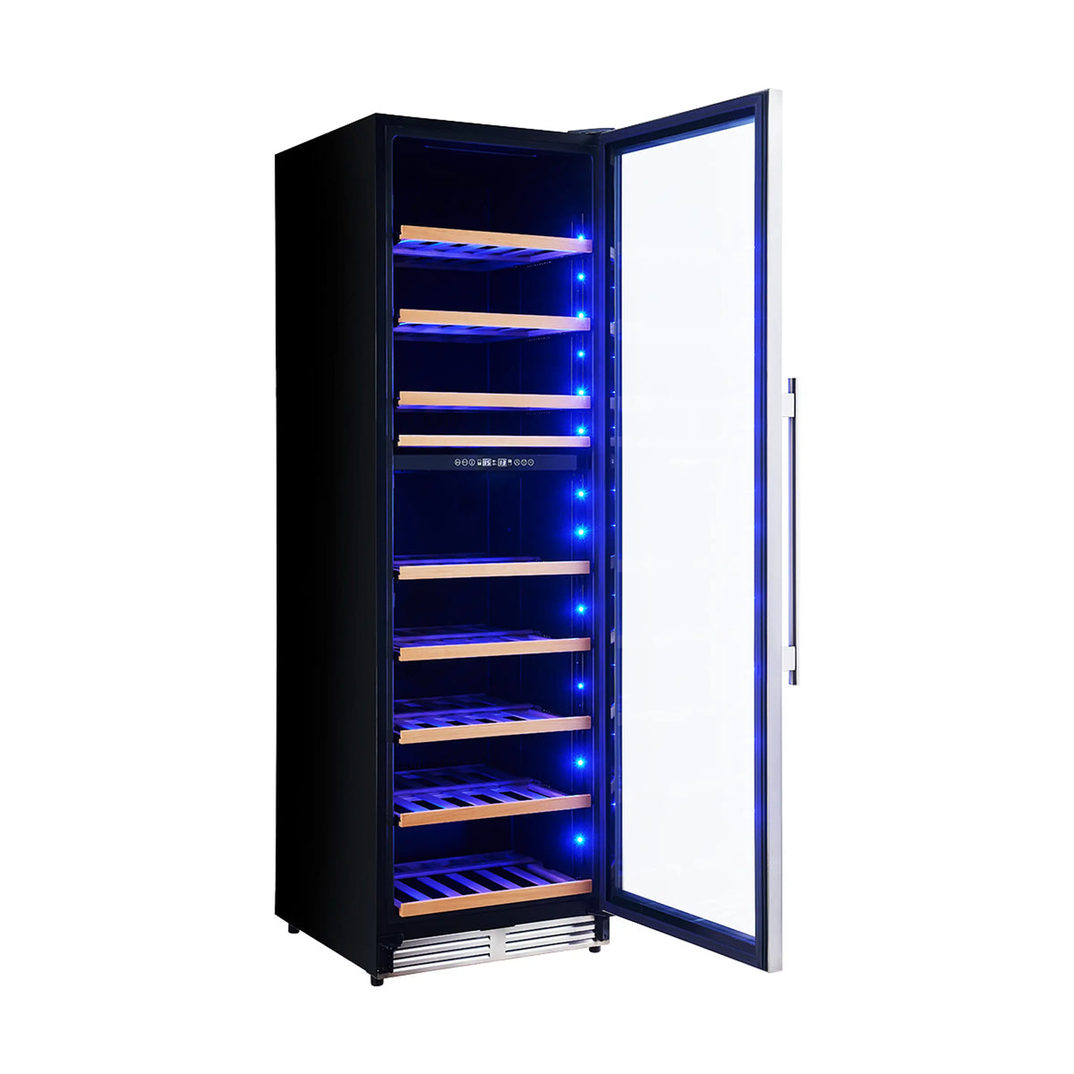 Open black wine cooler with blue LED shelves and wooden bottle storage racks