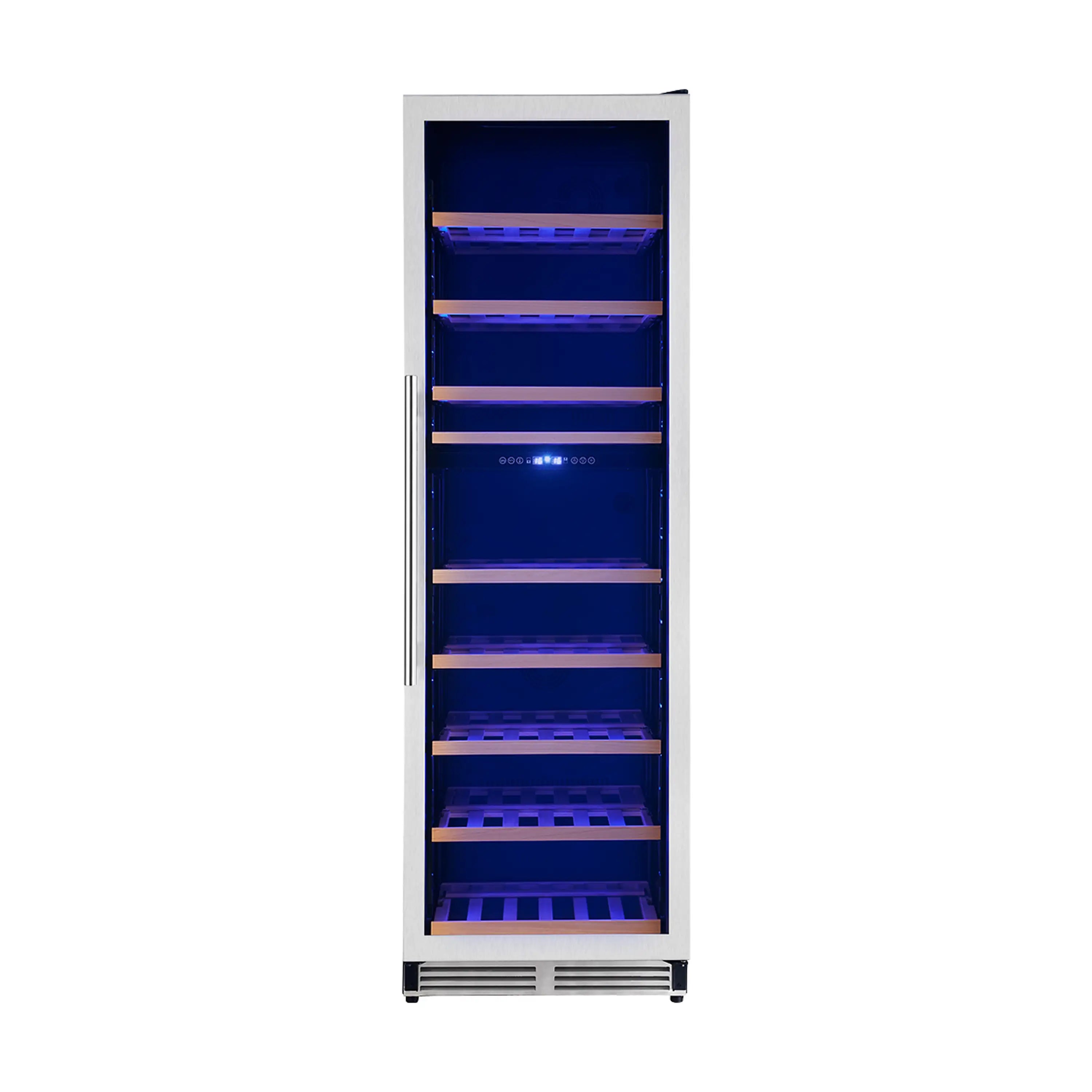 Stainless steel wine cooler with open door, blue LED light, and stacked bottle shelves