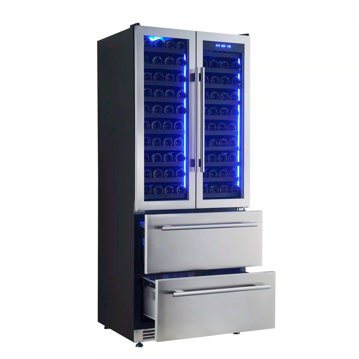 Wine cooler with open doors and two lower drawer compartments, glowing blue shelves.