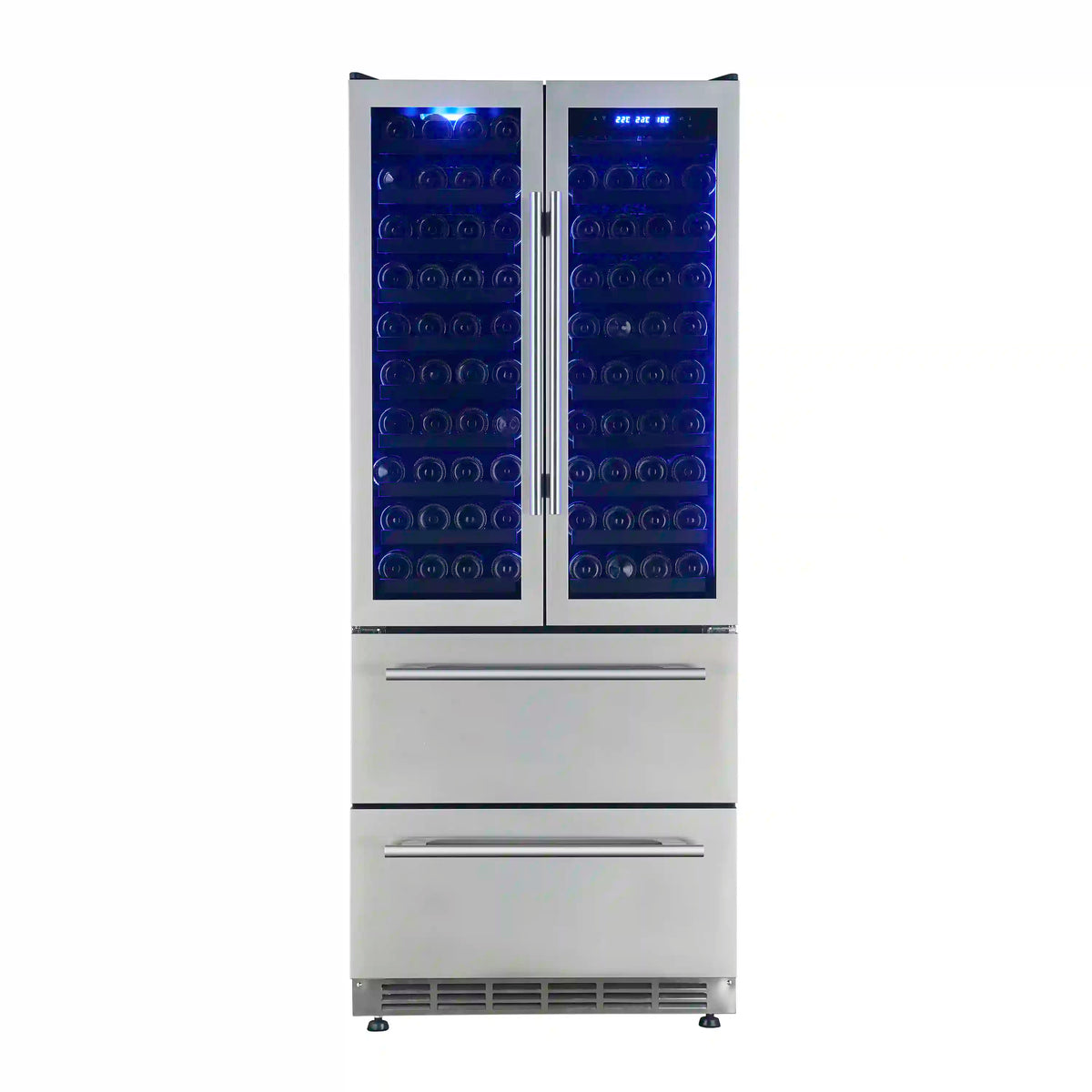 Stainless steel wine cooler with glass doors open, blue LED interior and shelves.