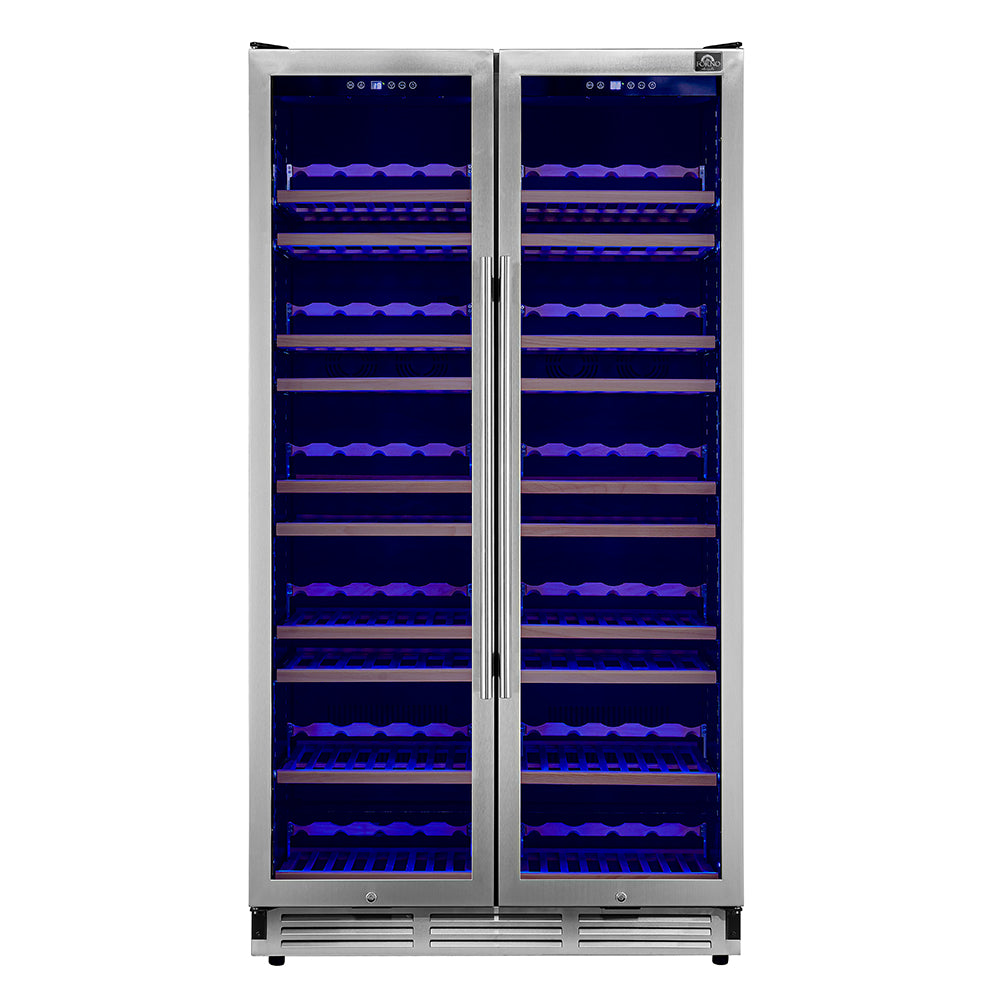 Dual-zone wine cooler with open doors, blue LED shelves, and bottle holders