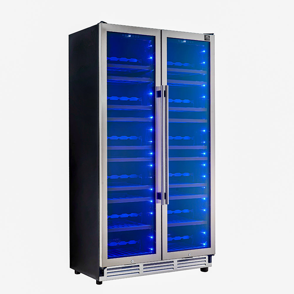 Freestanding dual-zone wine cooler with closed doors and blue LED interior glow