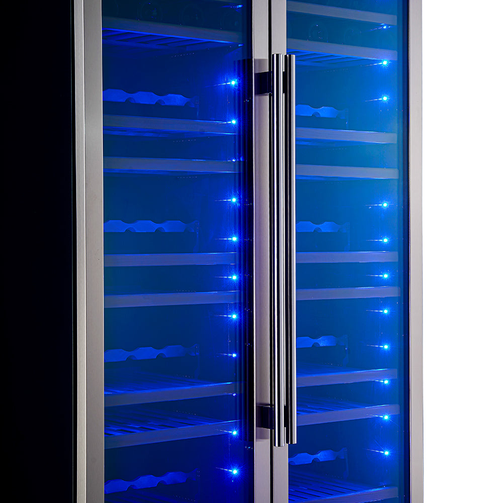 Wine cooler interior with blue LED strips and stainless steel center handle