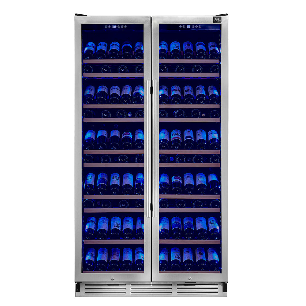Side-by-side wine cooler with glass doors, blue LED lighting, and rows of wine bottles