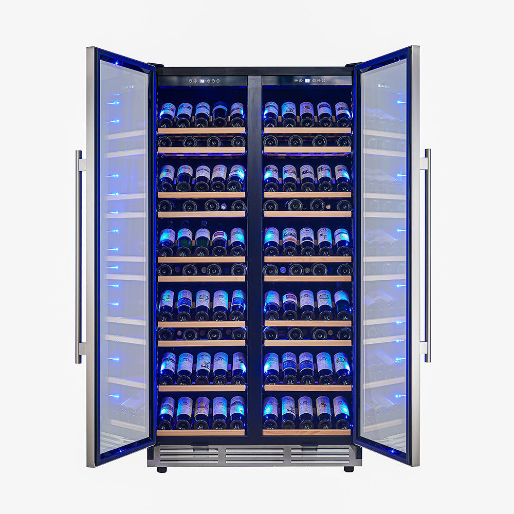 Open dual-zone wine cooler with blue LED lighting, mirrored glass doors, and bottle racks