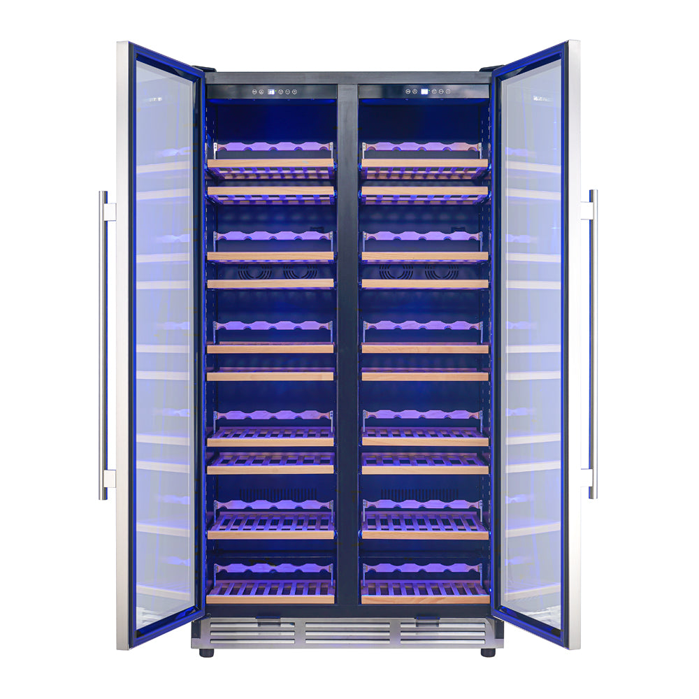 Dual-zone wine cooler with open glass doors, blue interior lights, and wooden bottle racks