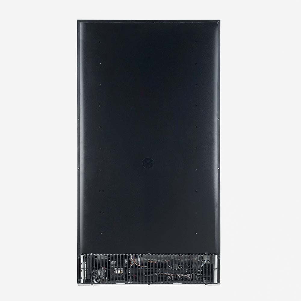 Wine cooler lower compartment with wire storage basket beneath the door