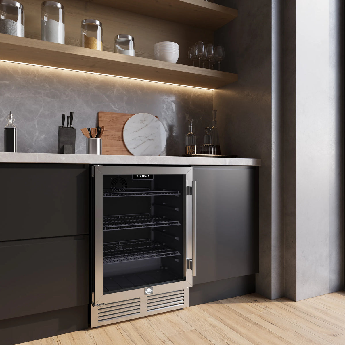 Forno Frescolino 24-Inch Beverage Cooler in Stainless Steel with LED Lighting, Triple Glass Door, 188 Can Capacity, Built-In or Freestanding shown in a styled kitchen