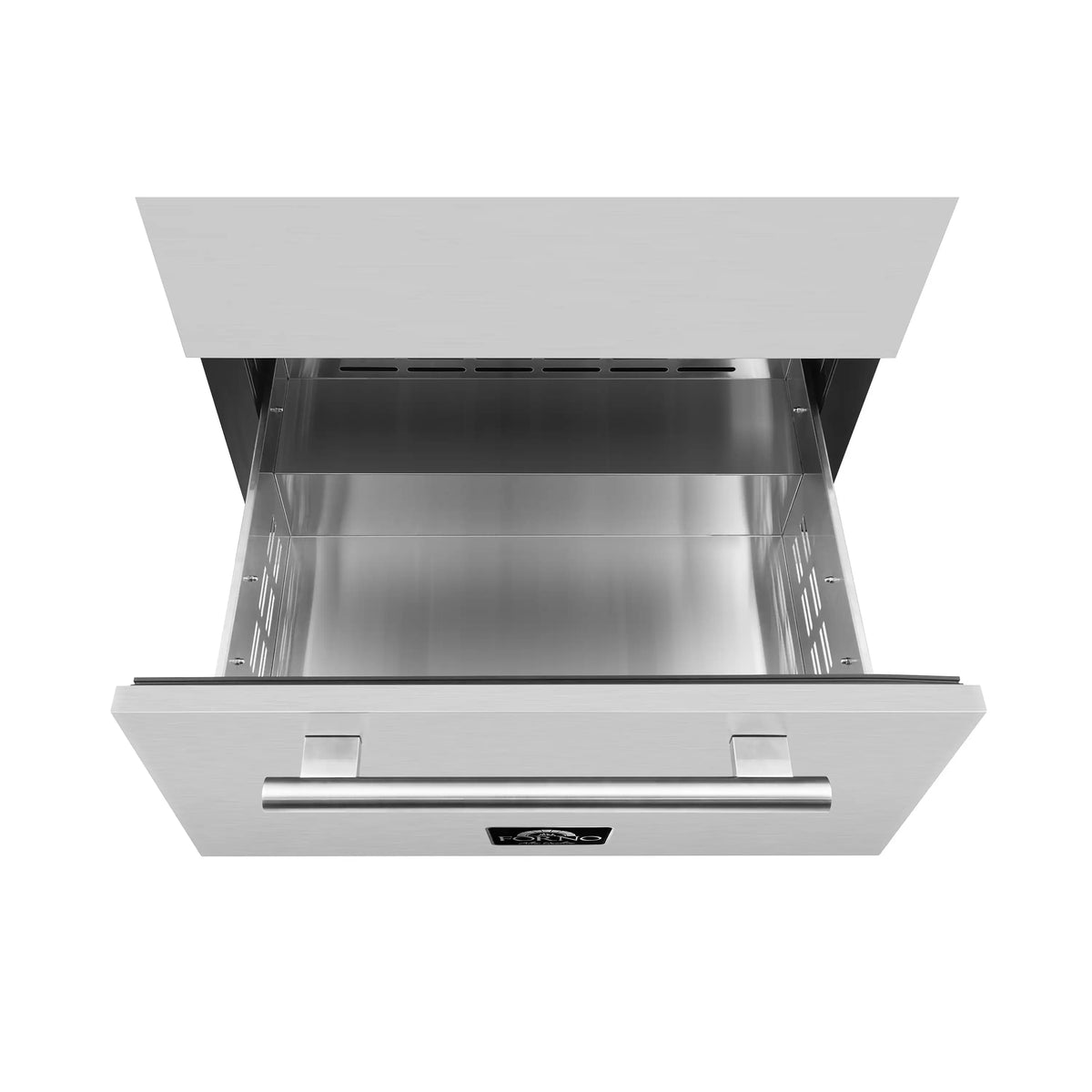 Open stainless interior of a dual-zone wine cooler with rails and pull-out storage