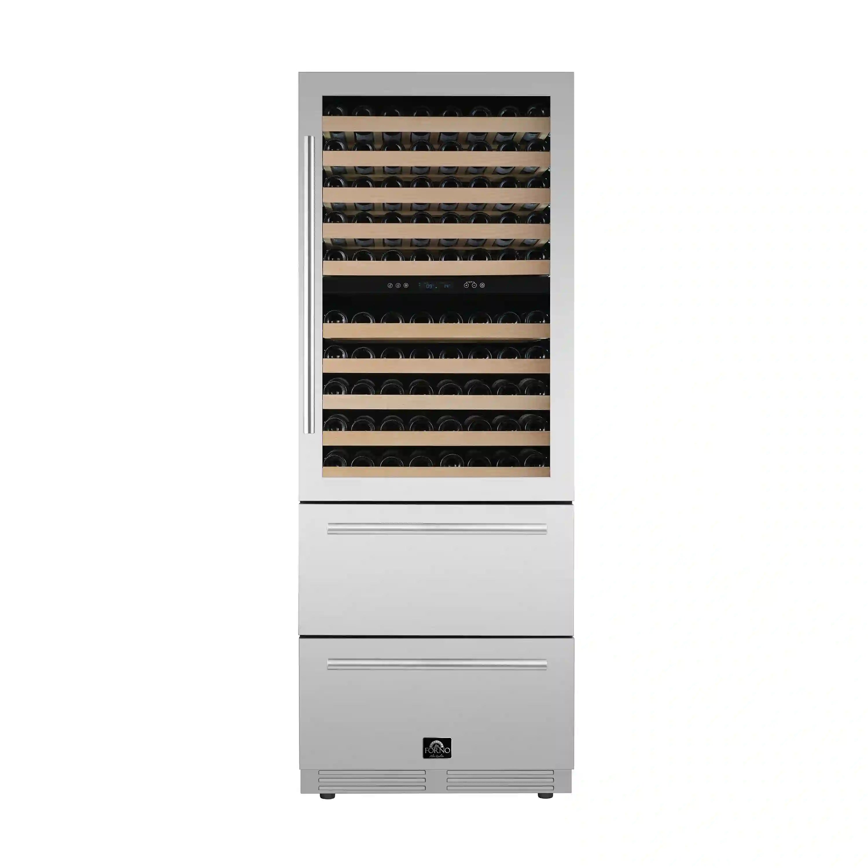 White dual-zone wine cooler front view with glass door and metal trim; storage drawers below