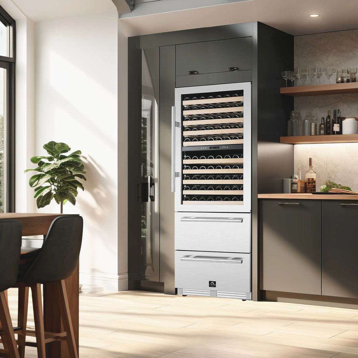 White dual-zone wine cooler in kitchen with glass door and lower drawers