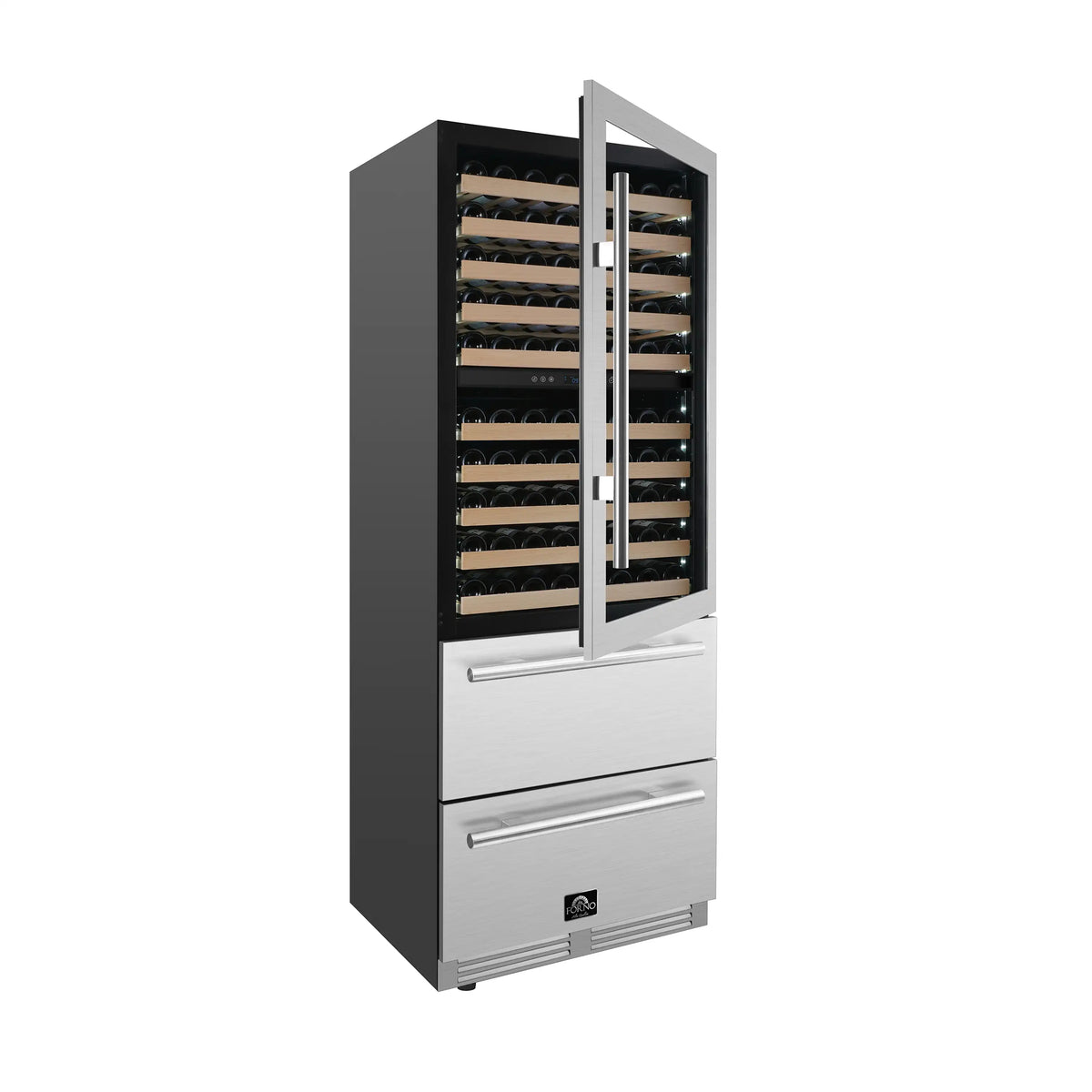 Dual-zone wine cellar with open door, black interior, illuminated wine racks and stainless drawers