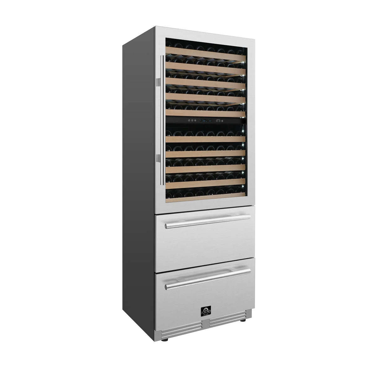Dual-zone wine cellar with glass front, black cabinet and stainless lower doors, wine racks