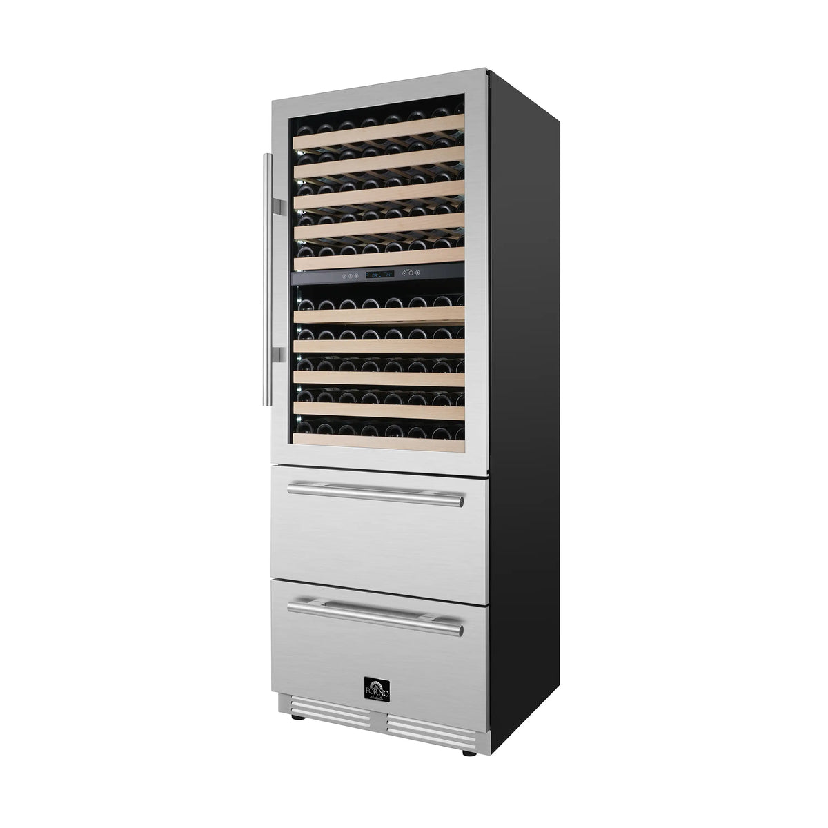 Dual-zone wine cellar, black and stainless, open door with wine racks and two drawers