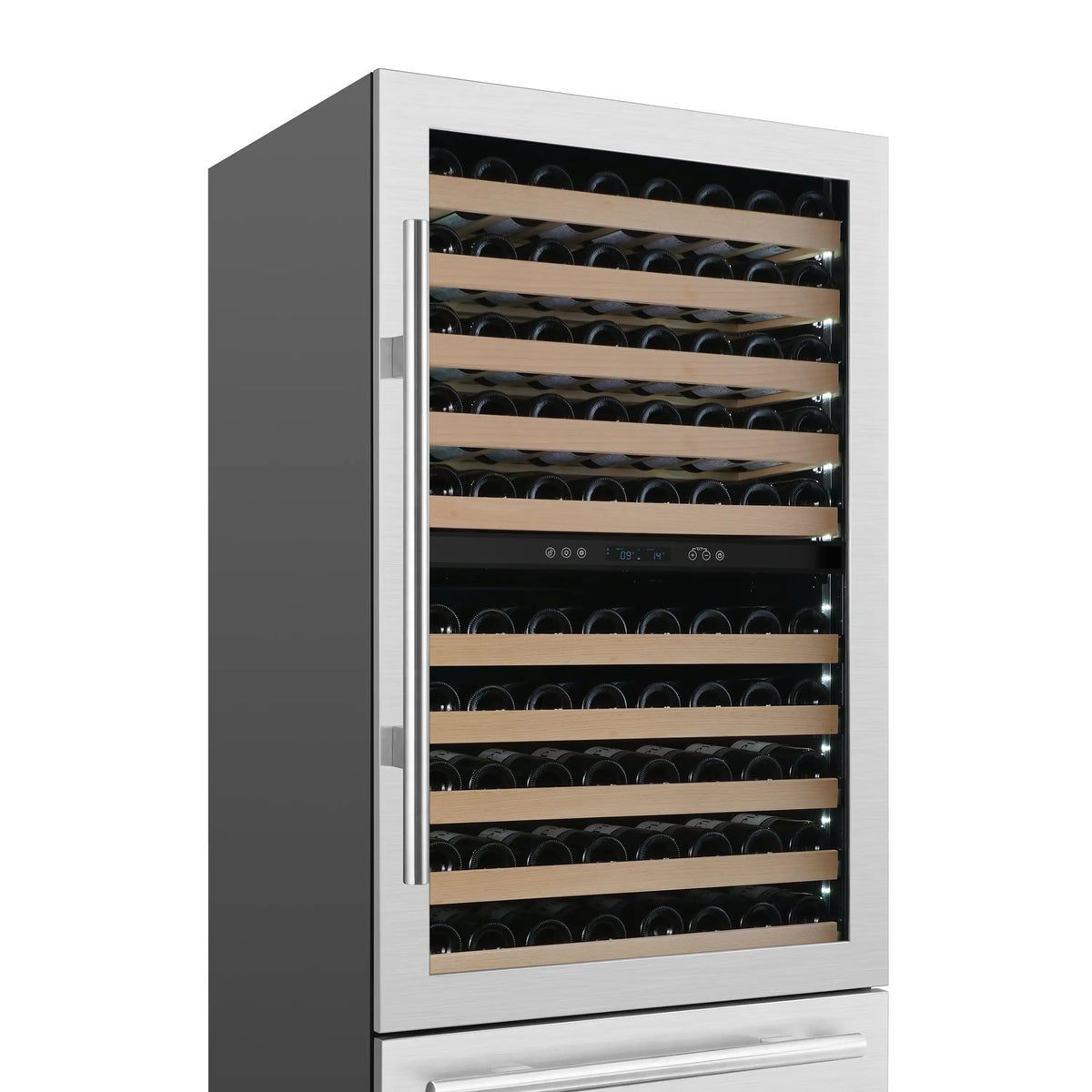 Dual-zone wine cellar with glass door, black cabinet, stainless handle, wine racks
