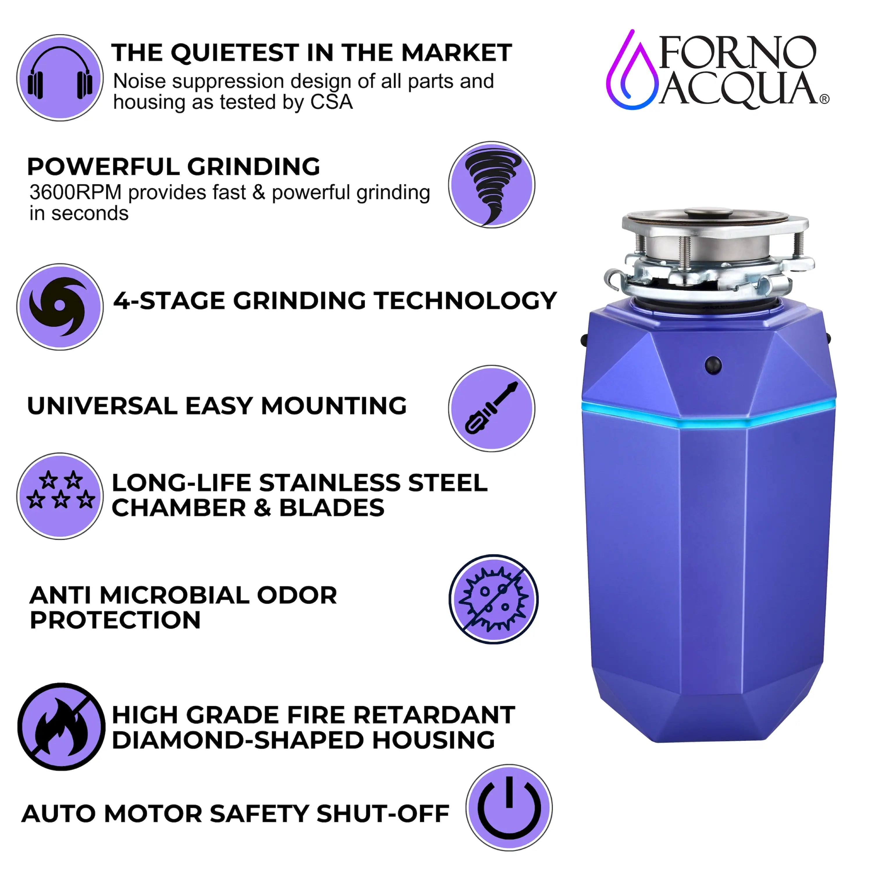 Purple garbage disposal unit with features icons and anti-microbial odor protection