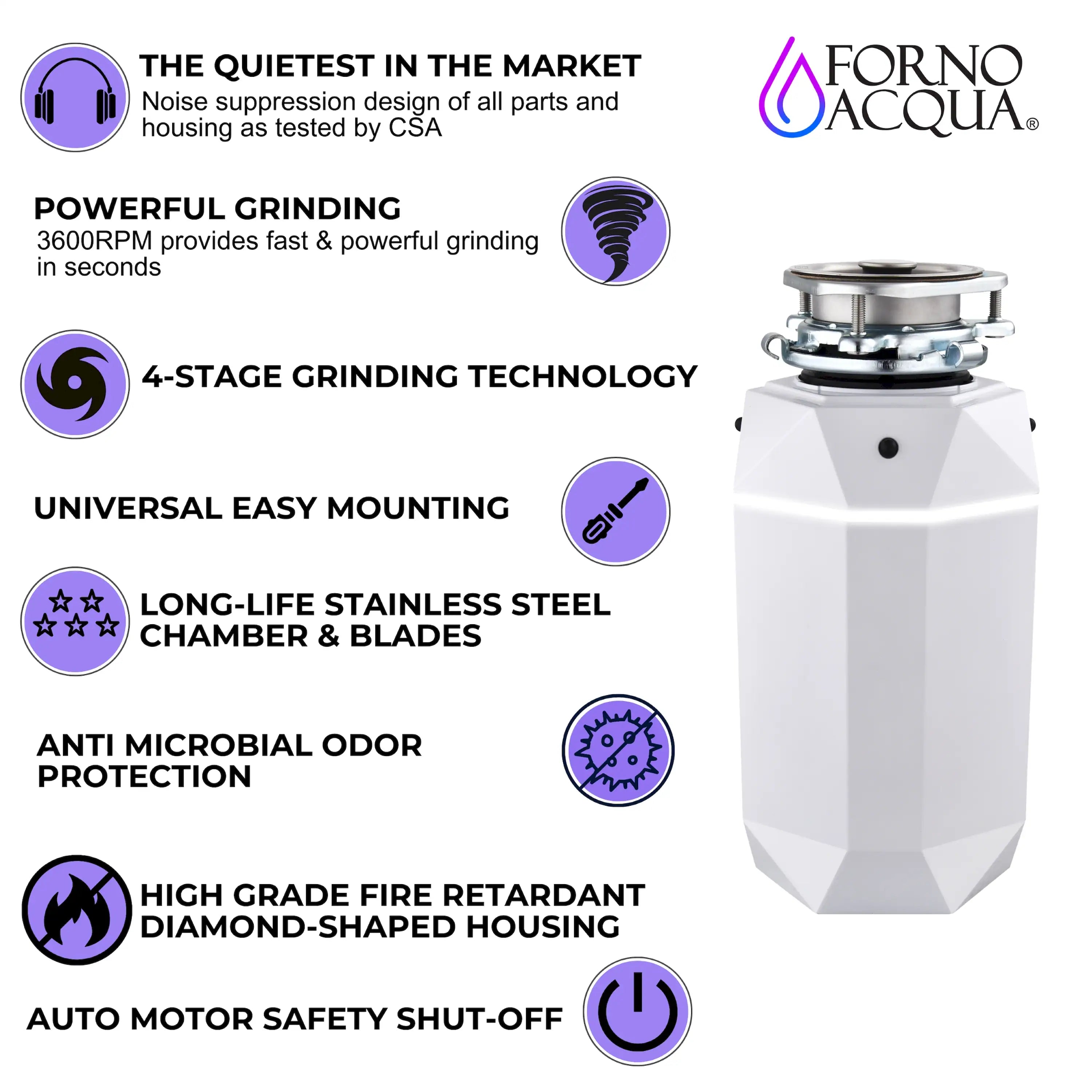 White garbage disposal with stainless steel chamber and safety feature icons