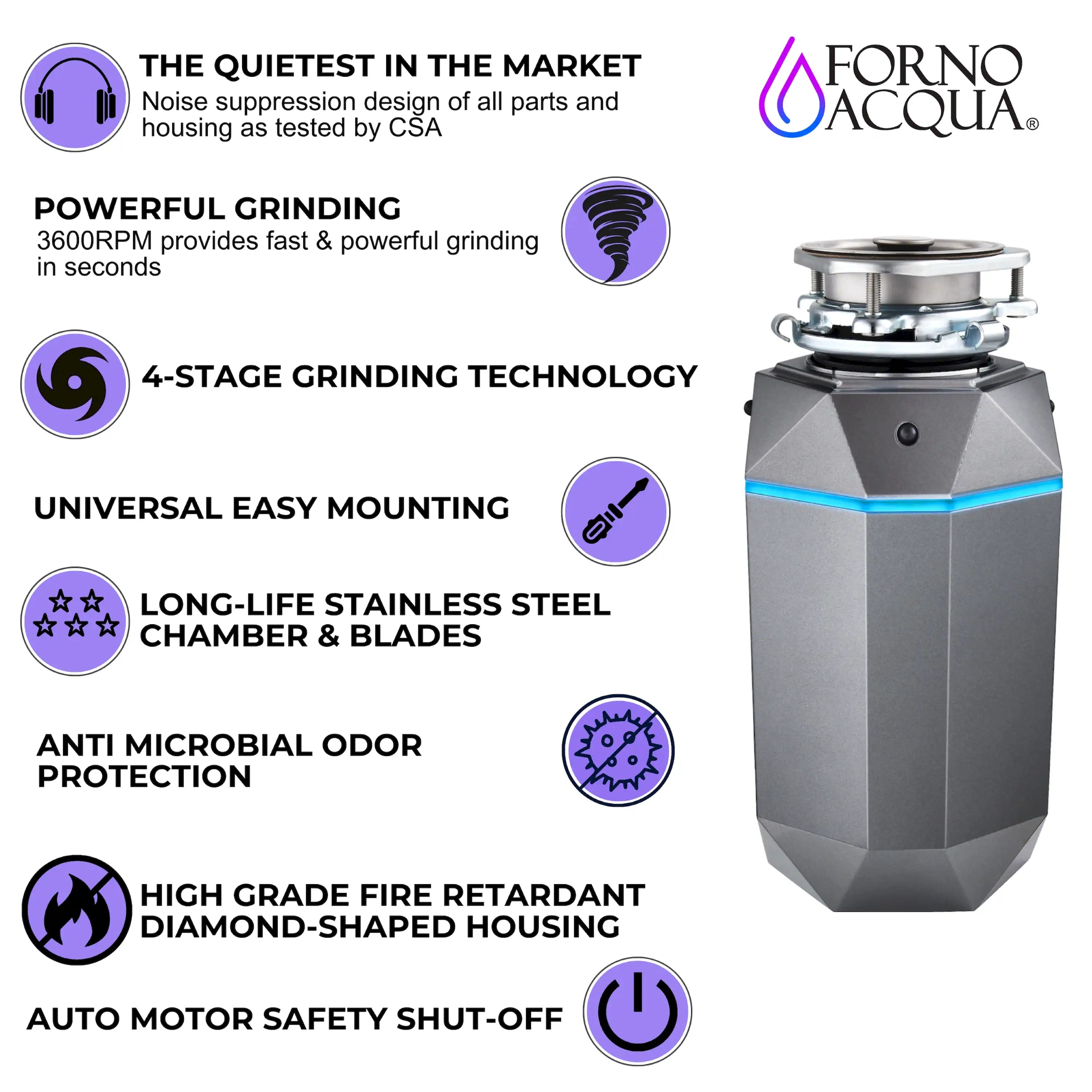Corded garbage disposal with multi-stage grinding technology and dark gray body