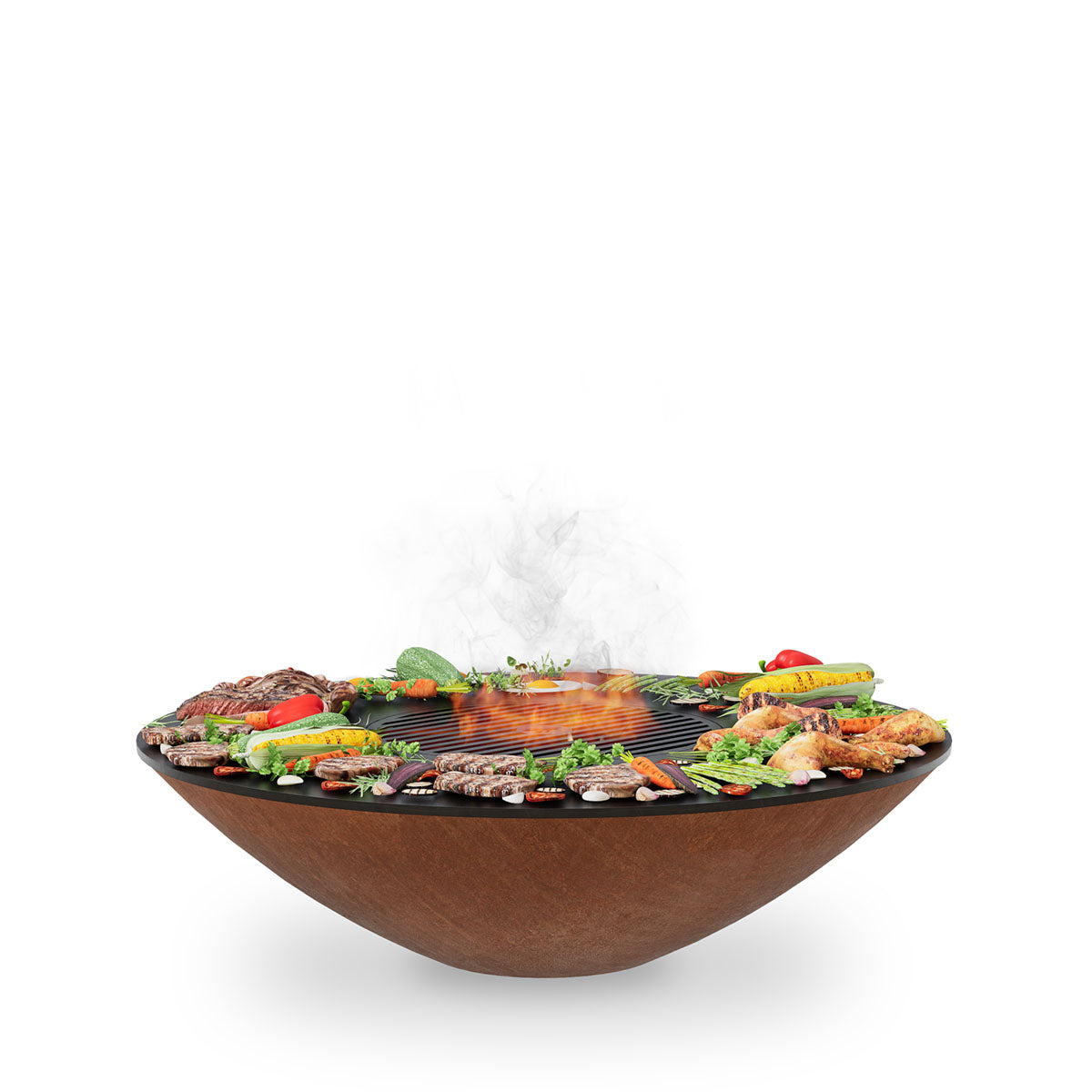 Brown round fire pit with cooktop, grilling grate holding assorted food and flames