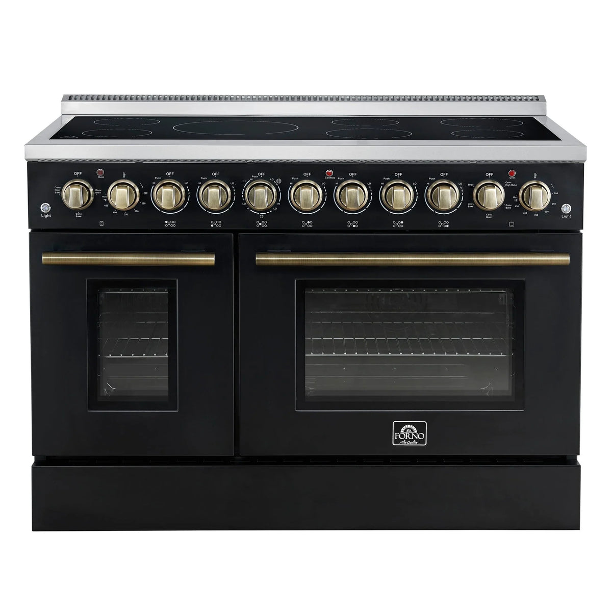 Forno Paolo 48-Inch Freestanding Electric Range with 6.7 Cu.Ft True Convection Oven in Black with Antique Brass Trim (FFSEL6011-48BLK)