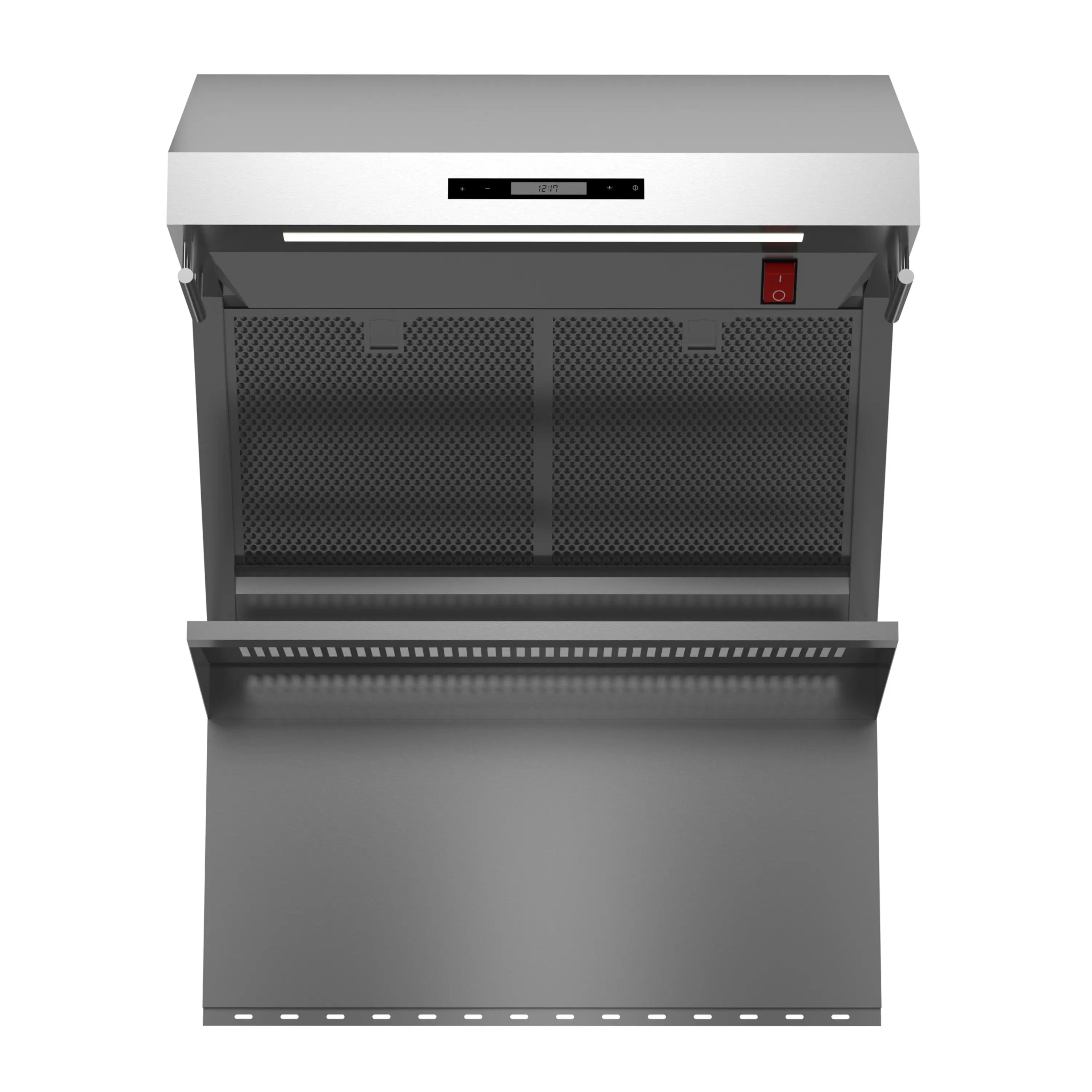 Stainless steel air-fryer drawer appliance with mesh filter panels and control display