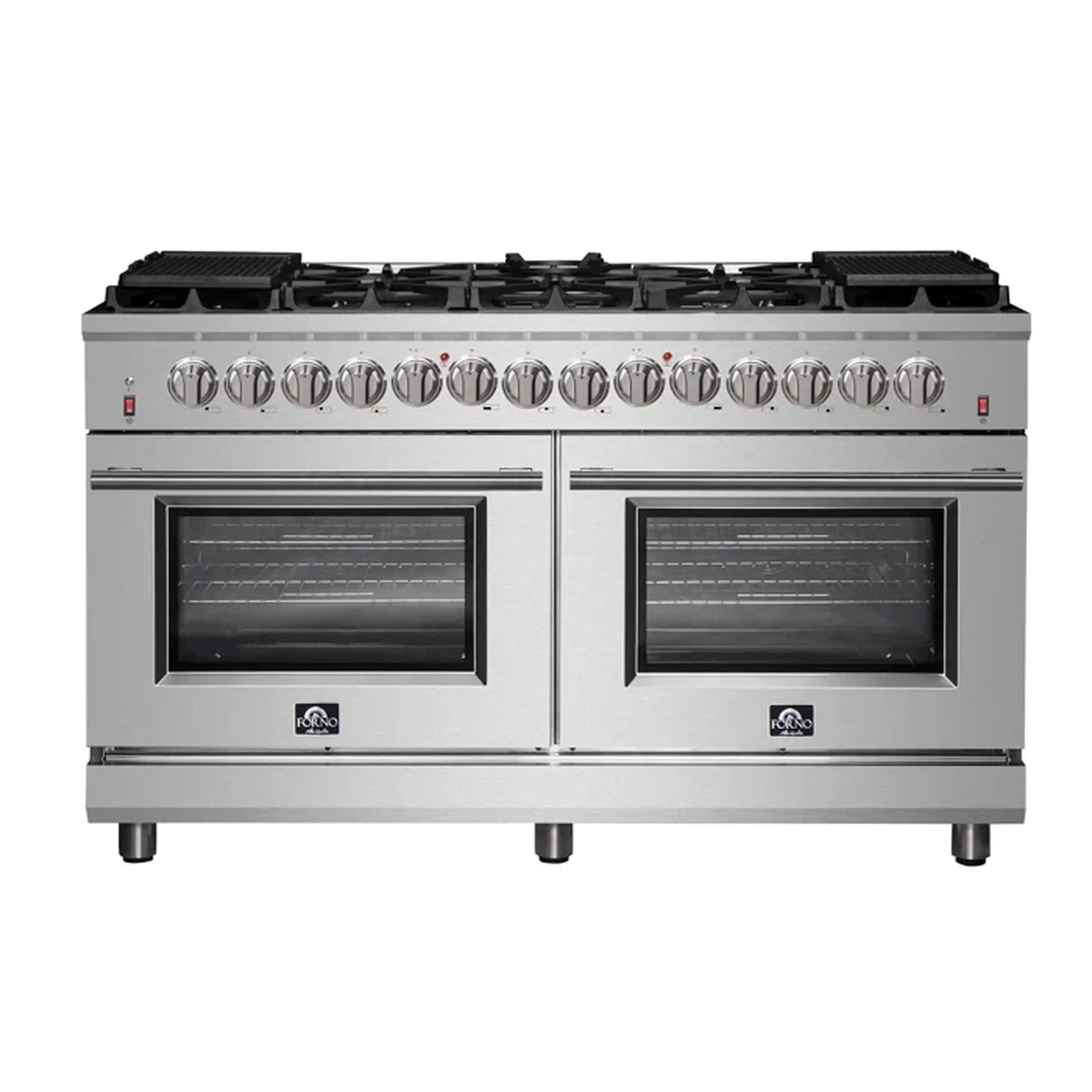 60-inch dual fuel range, stainless steel front with two glass oven doors