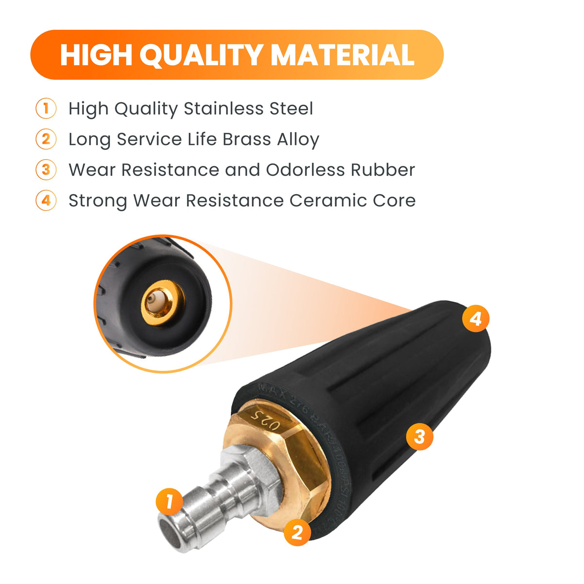 Turbo nozzle with brass core and black housing, showing 1/4 quick connector side view.