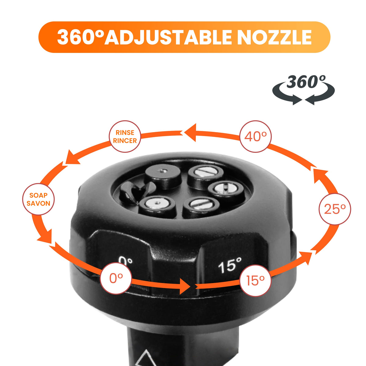 Black 360° adjustable pressure washer spray nozzle with 0°, 15°, 25°, and 40° labels.