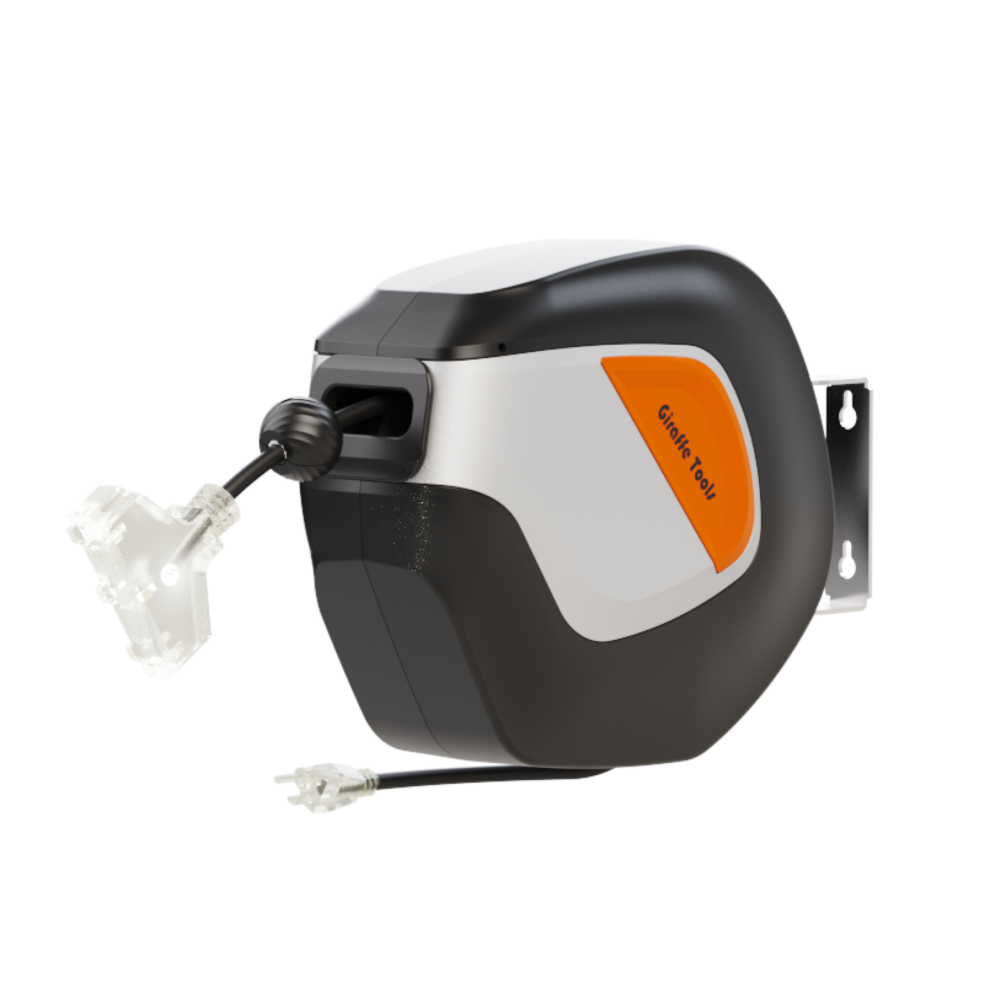 Retractable extension cord reel with wall mount bracket and plug ends, black and orange front panel.