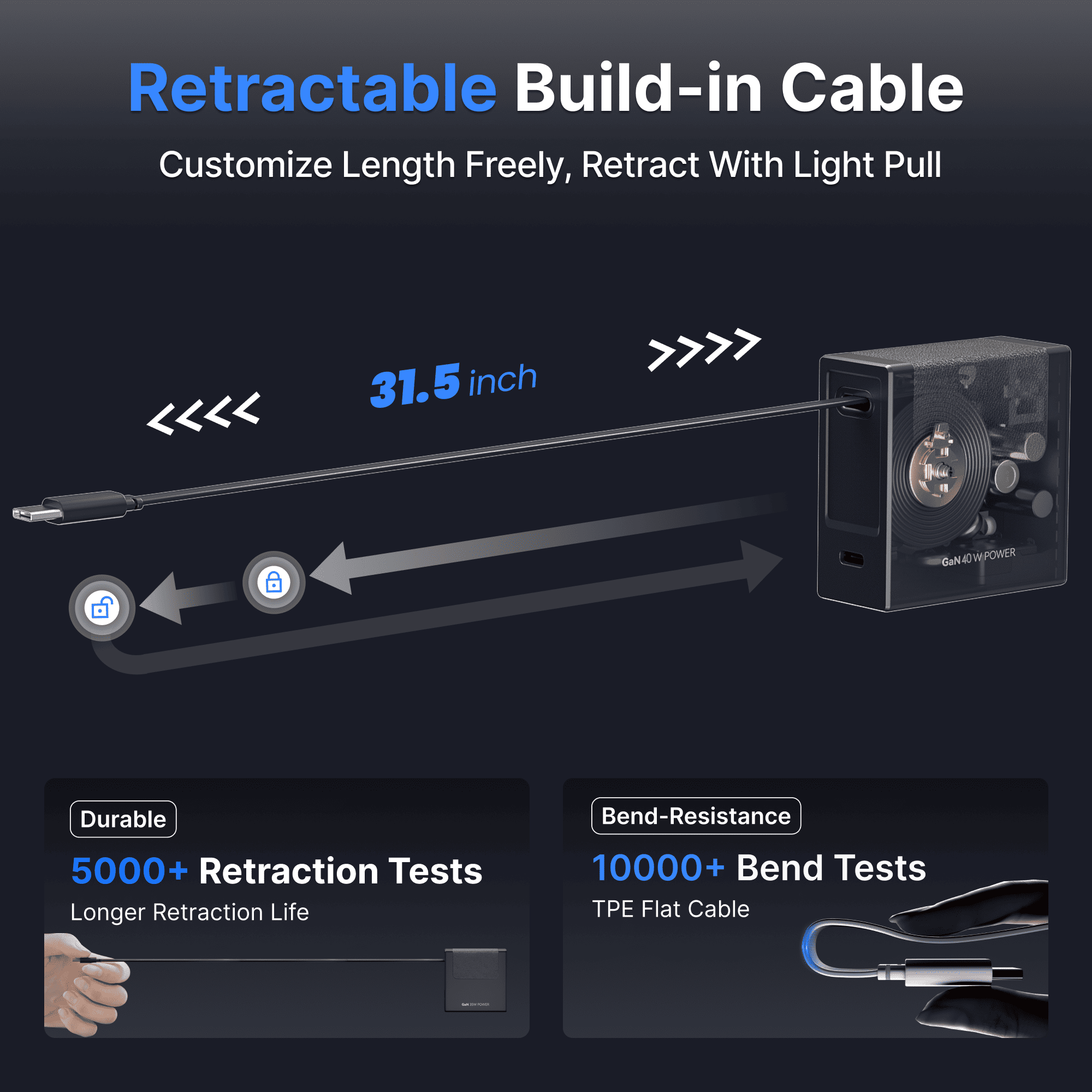 Retractable built-in cable charger with exposed cable length in tray
