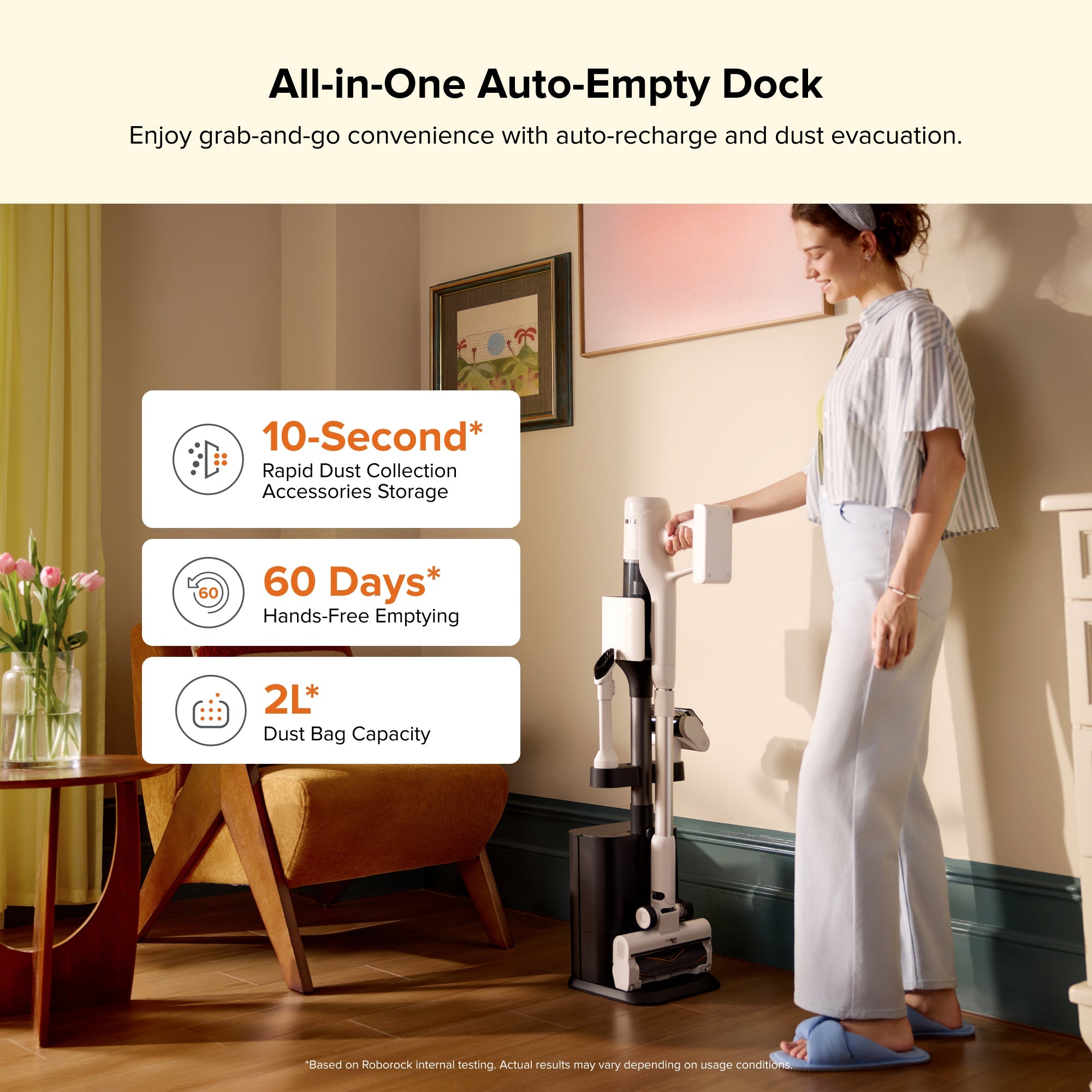 Cordless stick vacuum with auto-empty dock charging base and upright vacuum stand