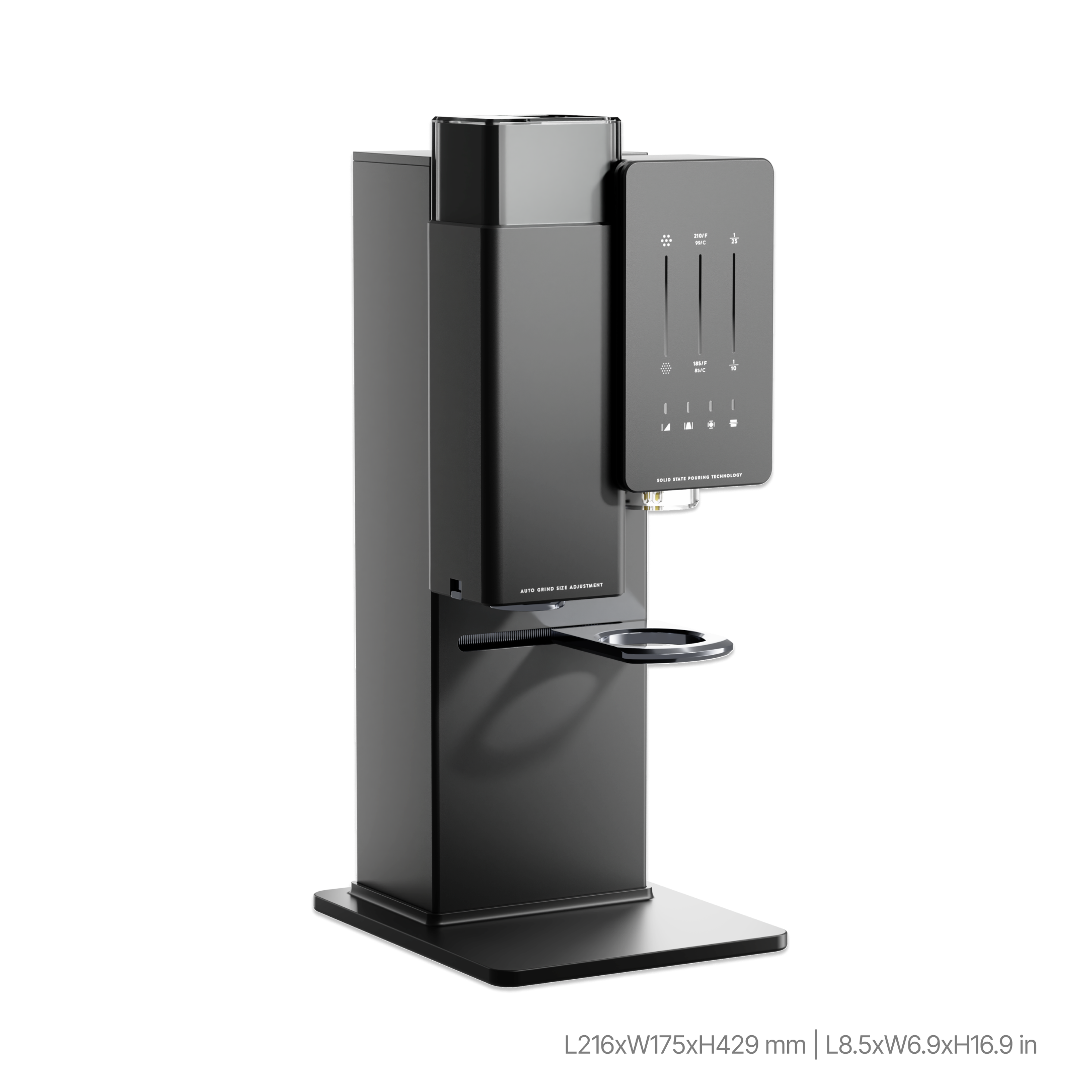 Automatic coffee maker with built-in grinder, front display panel and pour spout