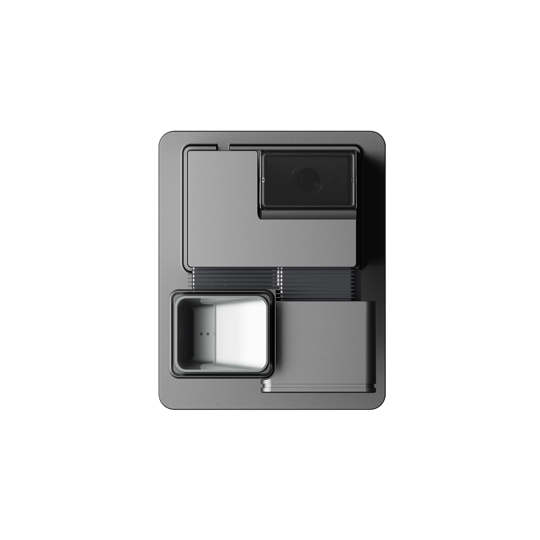 Built-in grinder coffee maker top view with open service area and sensor window