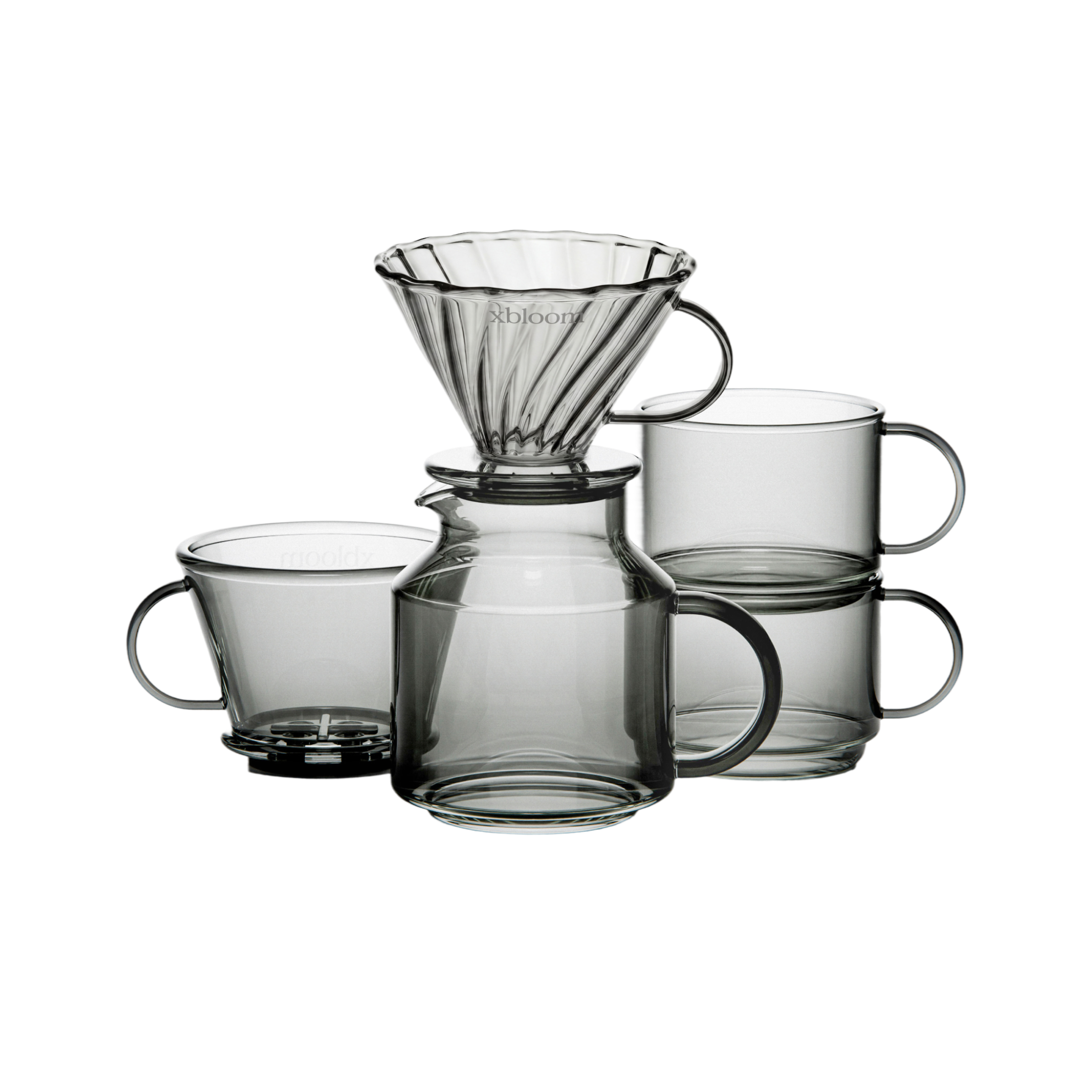 5-in-1 coffee brewing set with glass carafe, drippers, and matching mugs (black)