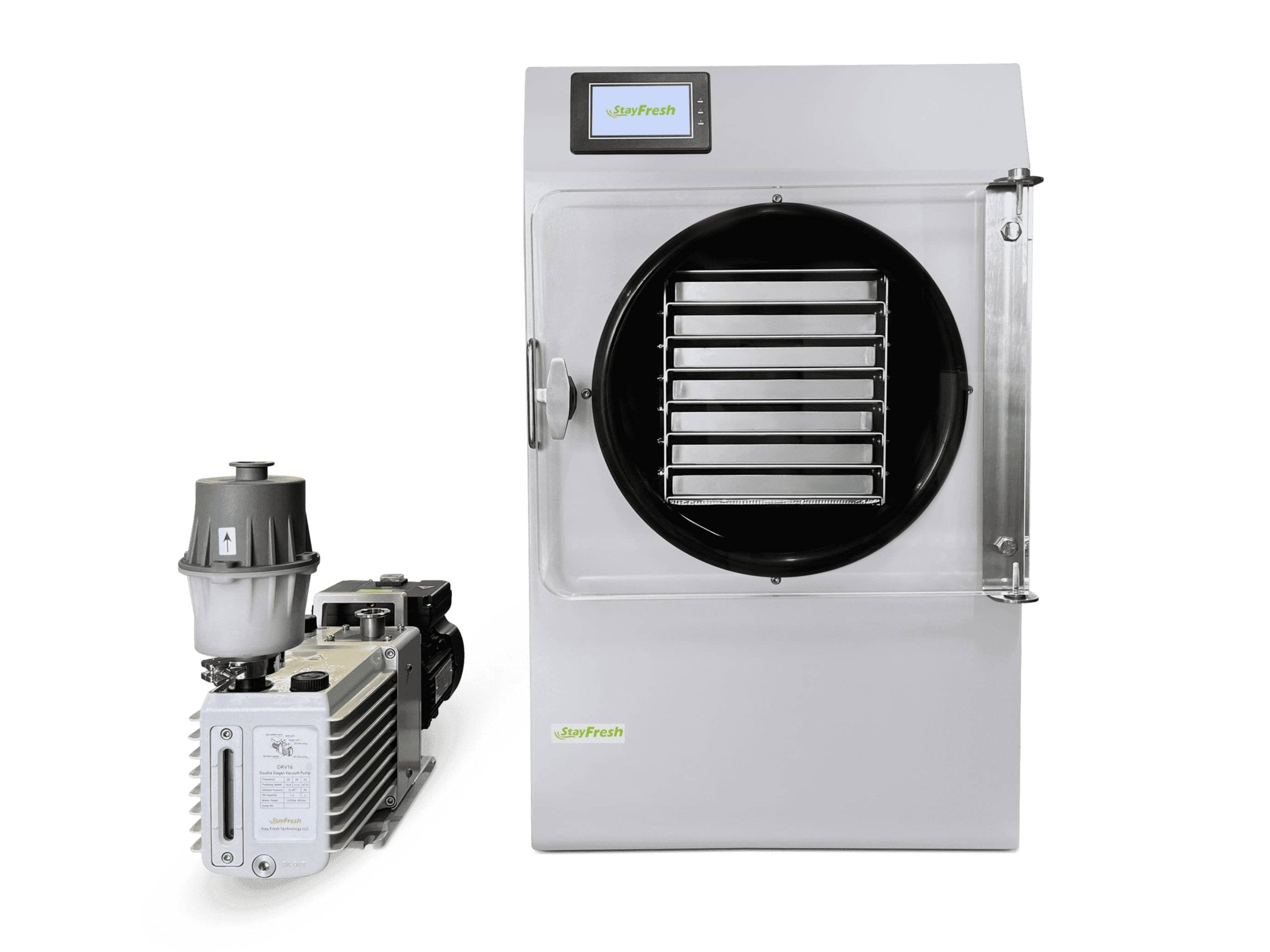 Stainless steel freeze dryer with open chamber door and pump unit with trays