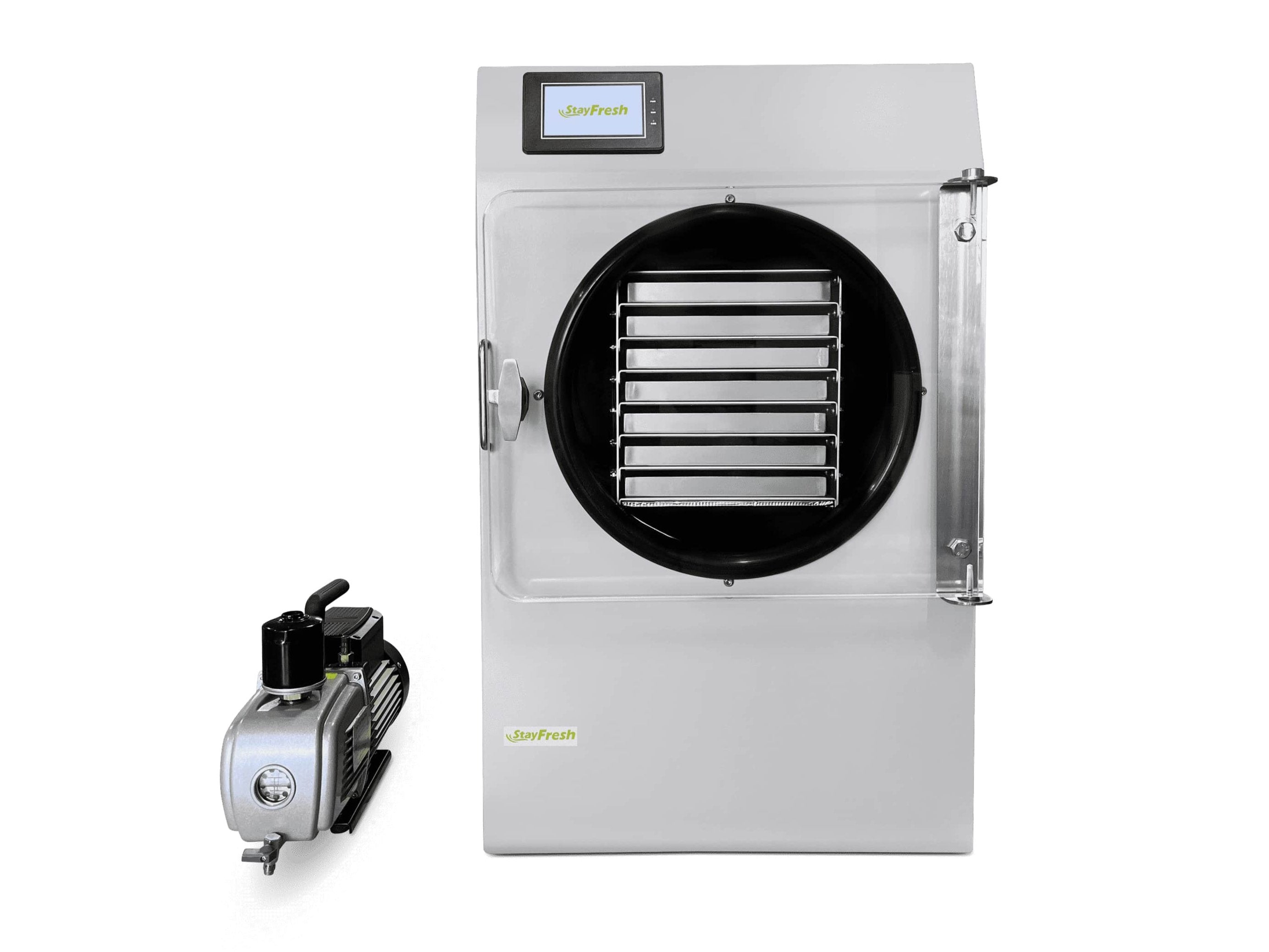 White freeze dryer with round front chamber and small control display