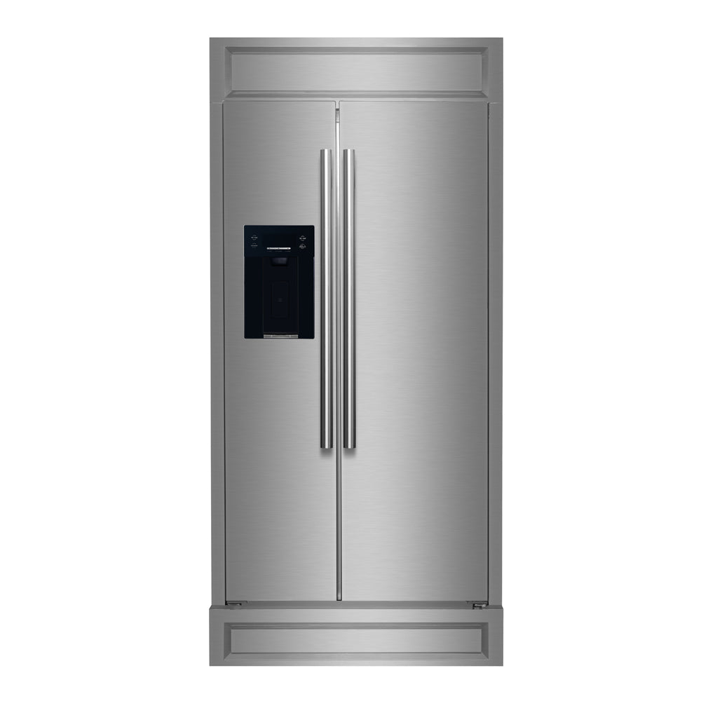 Built-in stainless-steel refrigerator with black water dispenser and twin vertical handles