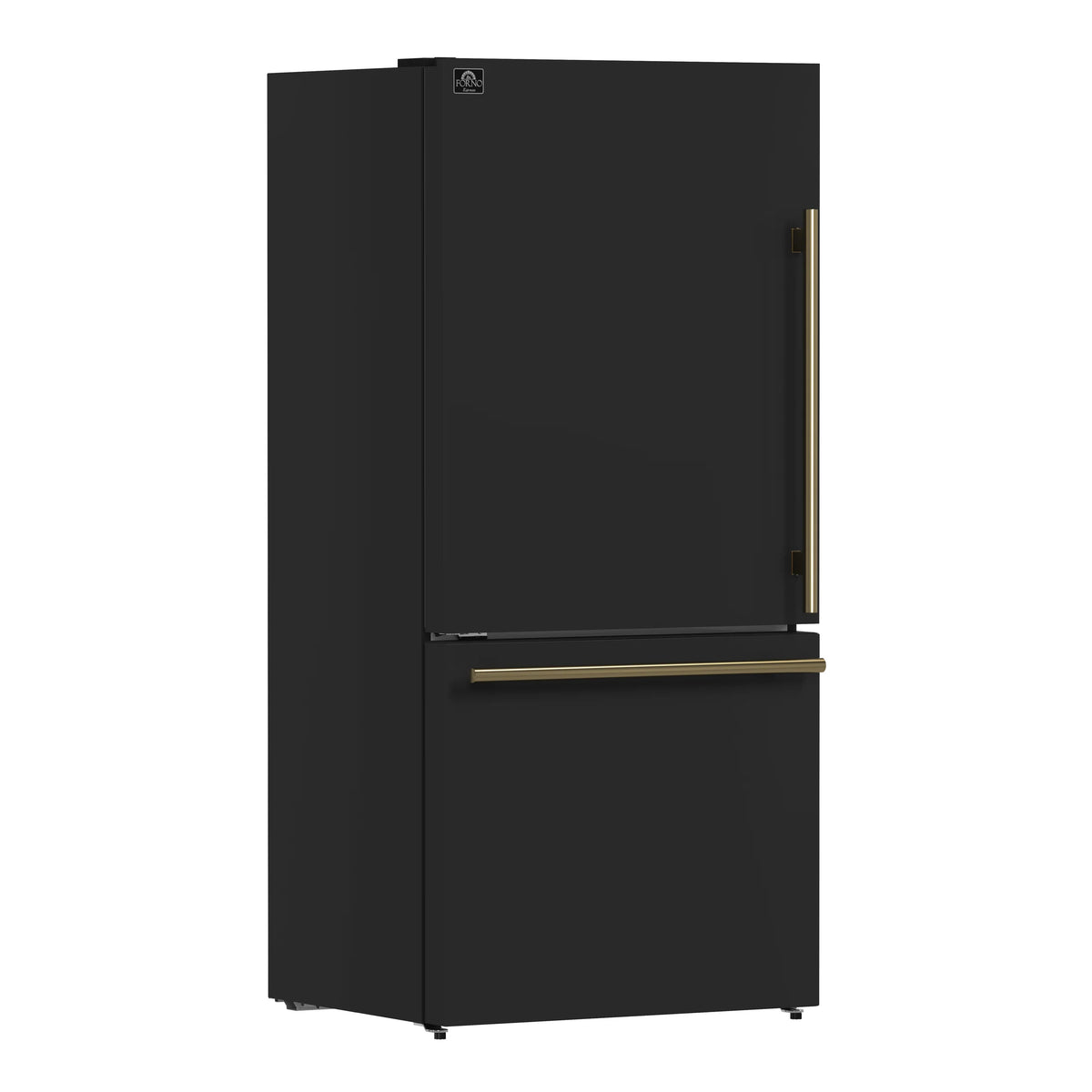 Black bottom-freezer refrigerator with vertical antique brass handle and bar