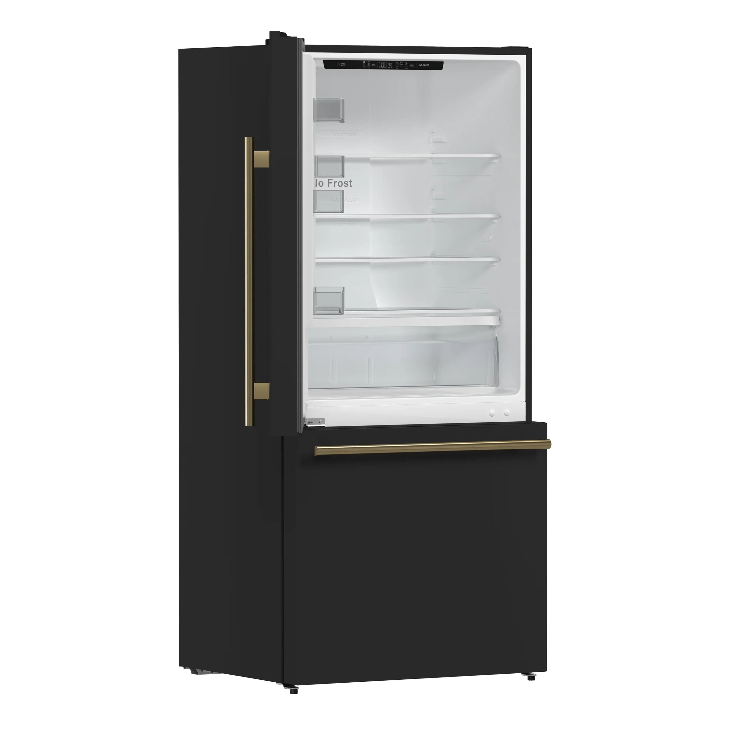 Black refrigerator with bottom freezer, open door, antique brass handle, left-hinge