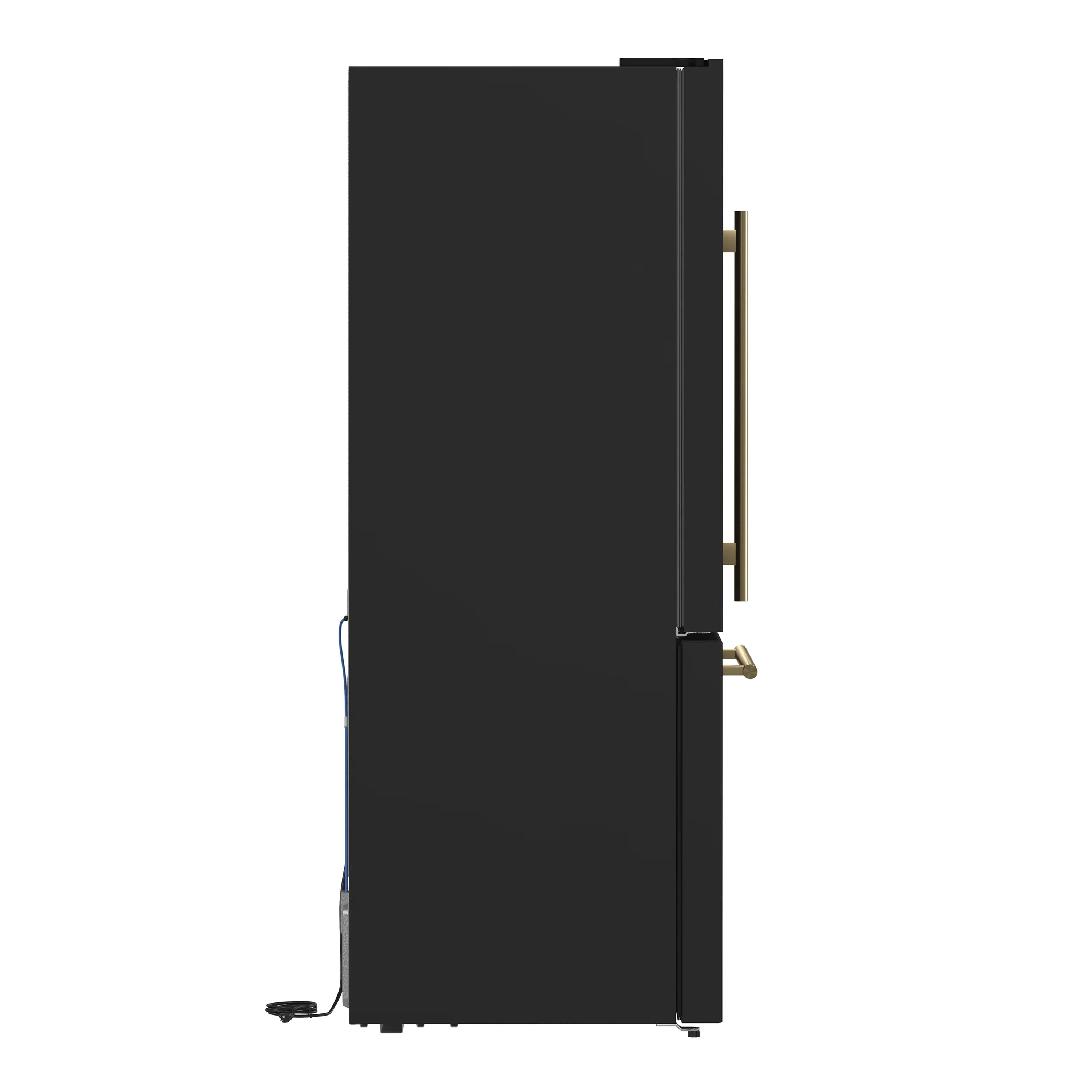 Black refrigerator side view with antique brass handle and left-hinge door