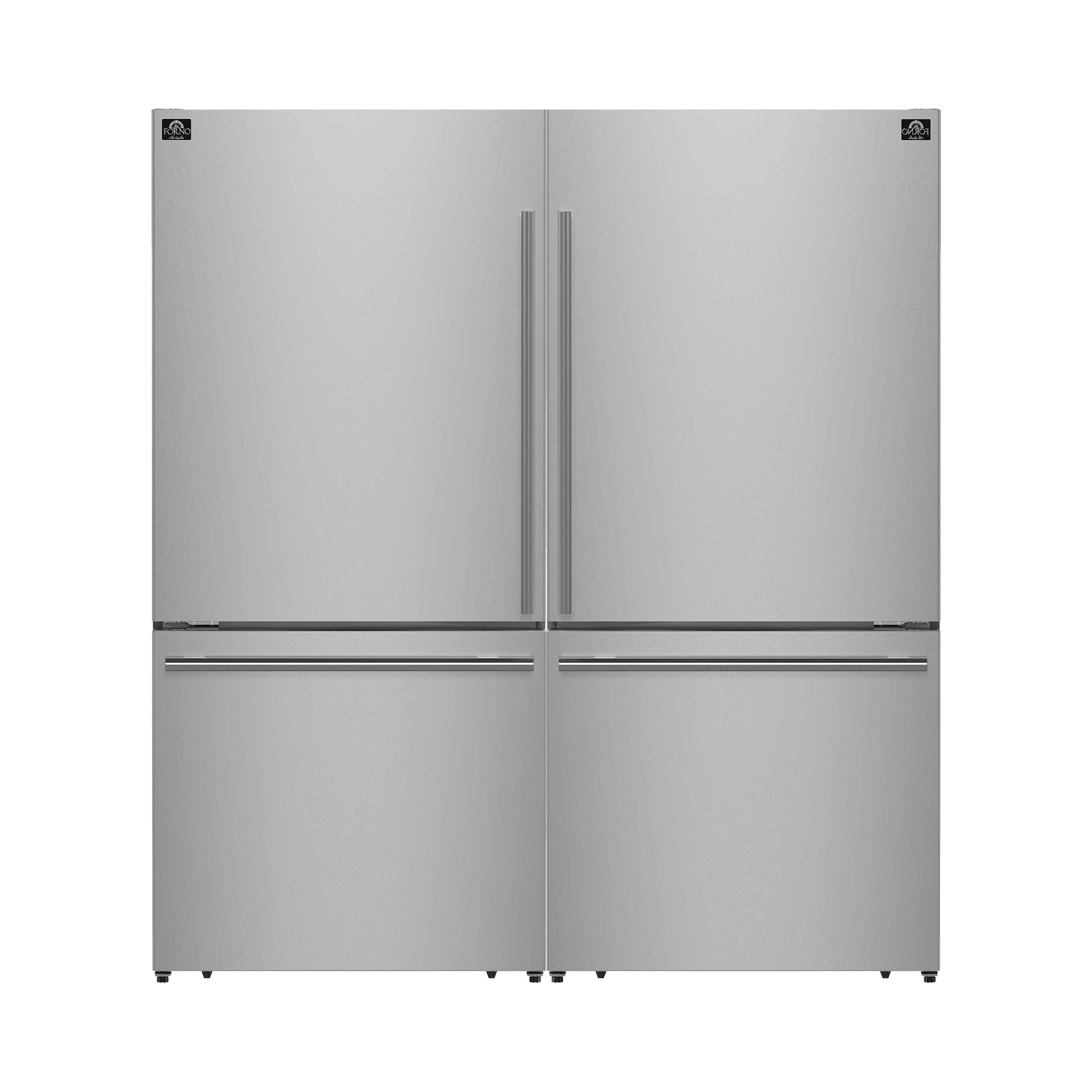 Stainless steel freestanding dual-door refrigerator with vertical handles