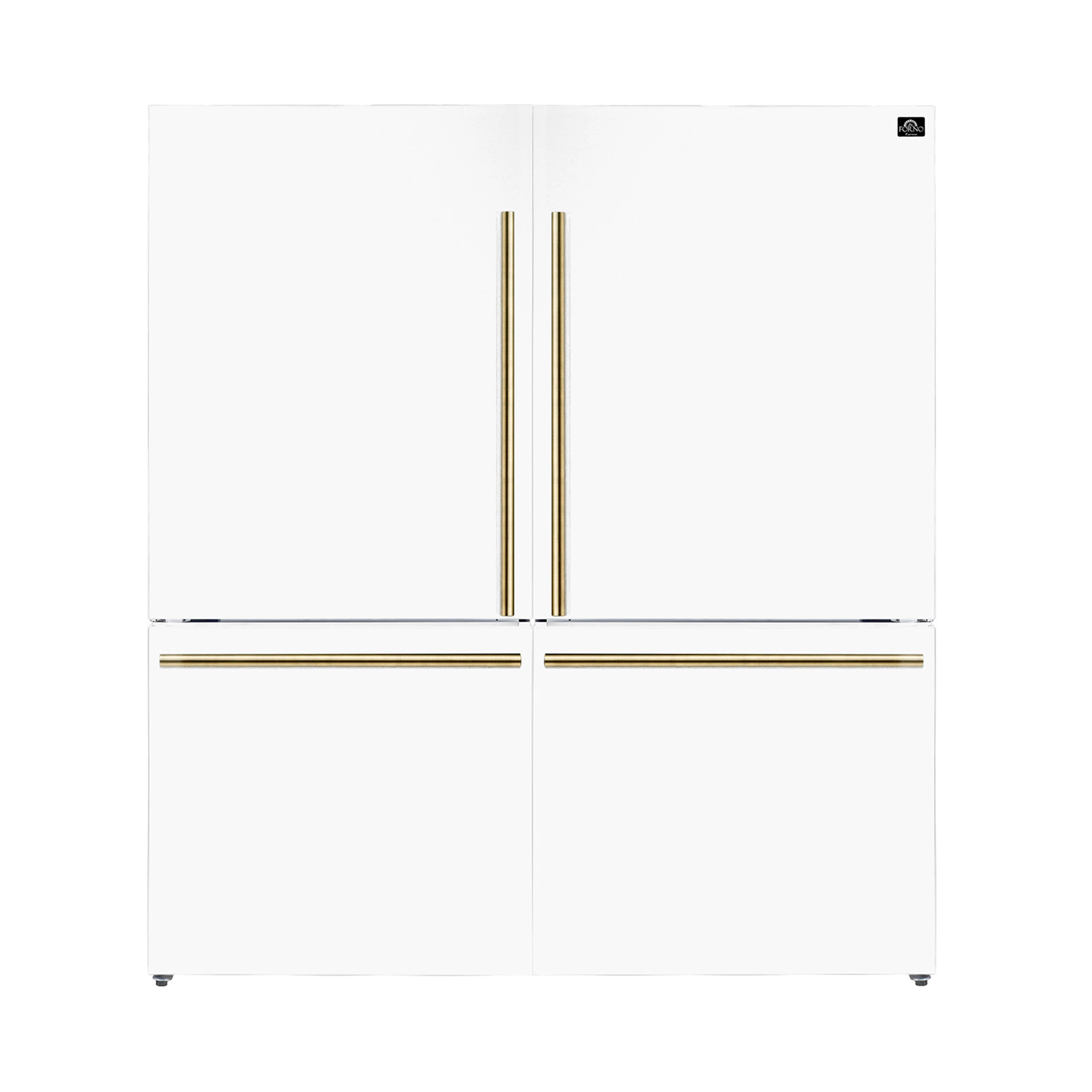 White top-and-bottom refrigerator with two antique brass vertical handles