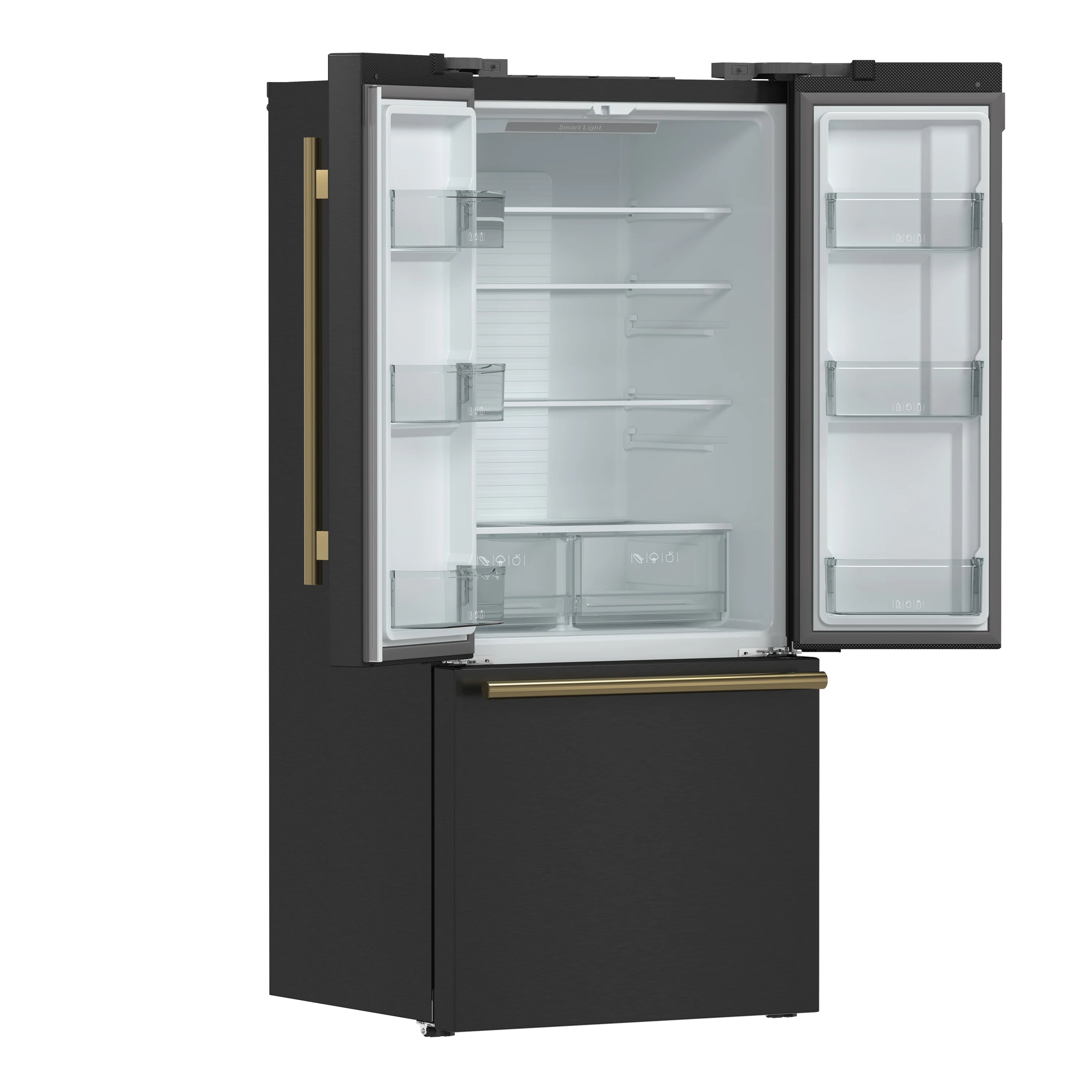 Black French door refrigerator with antique brass handles, open freezer and fresh food doors