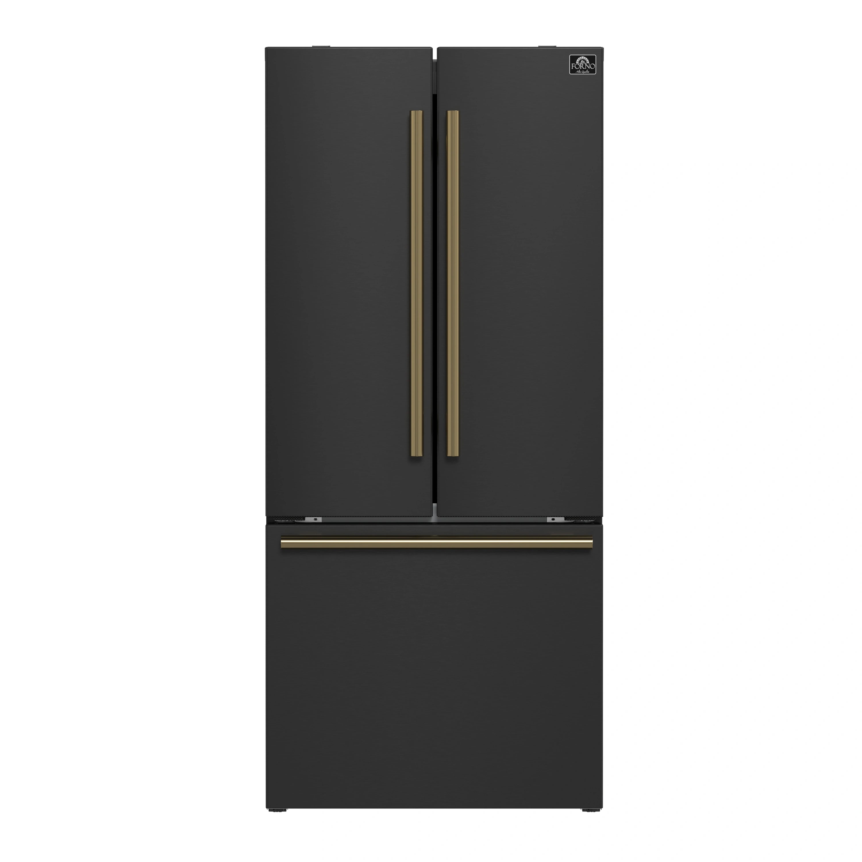 Black French door refrigerator with two vertical antique brass handles and lower door panel