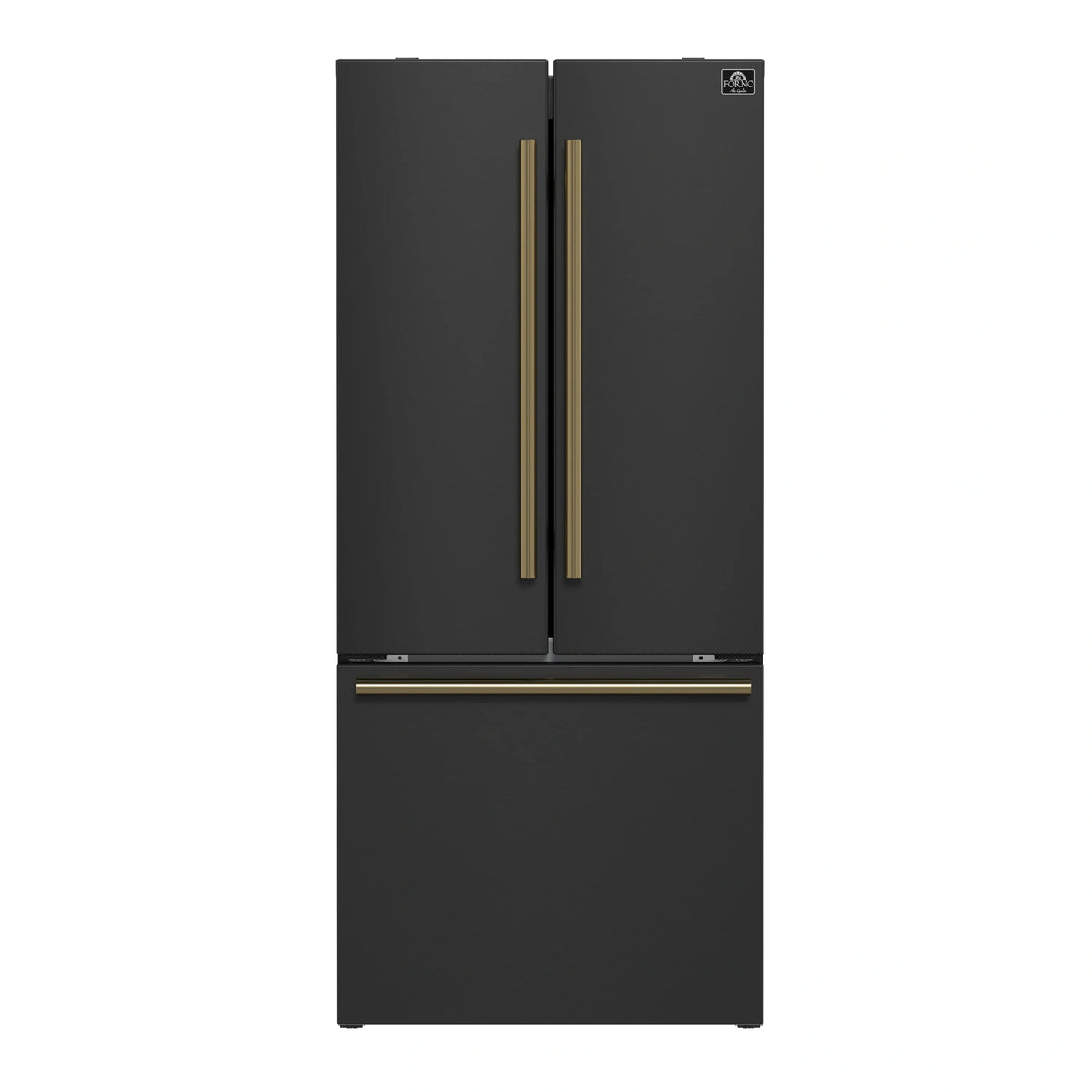 Black French door refrigerator with antique brass handles and vertical door seams