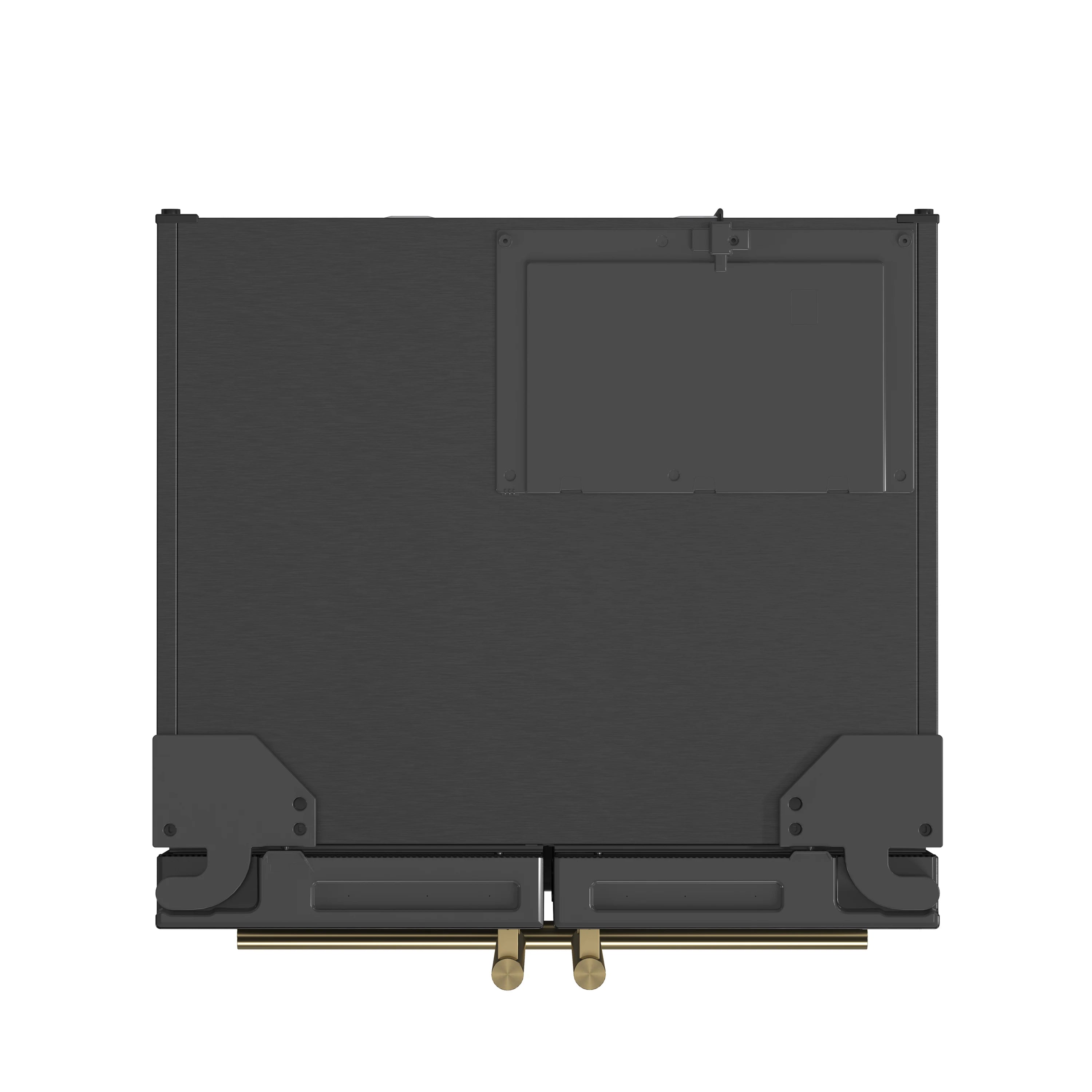 Black refrigerator with bottom ice dispenser access panel and small brass rollers