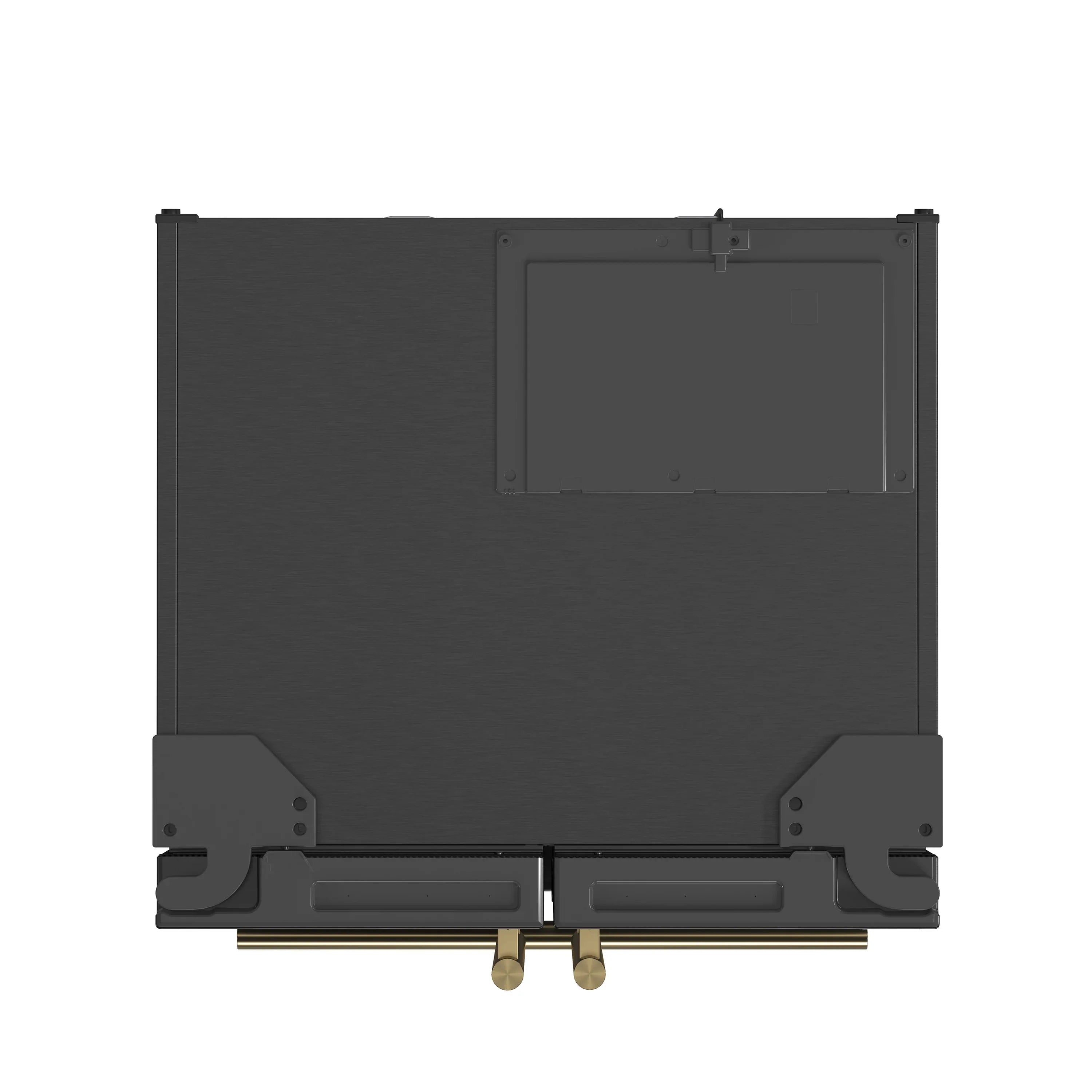 Black refrigerator bottom view with access panel and four brass leveling feet.