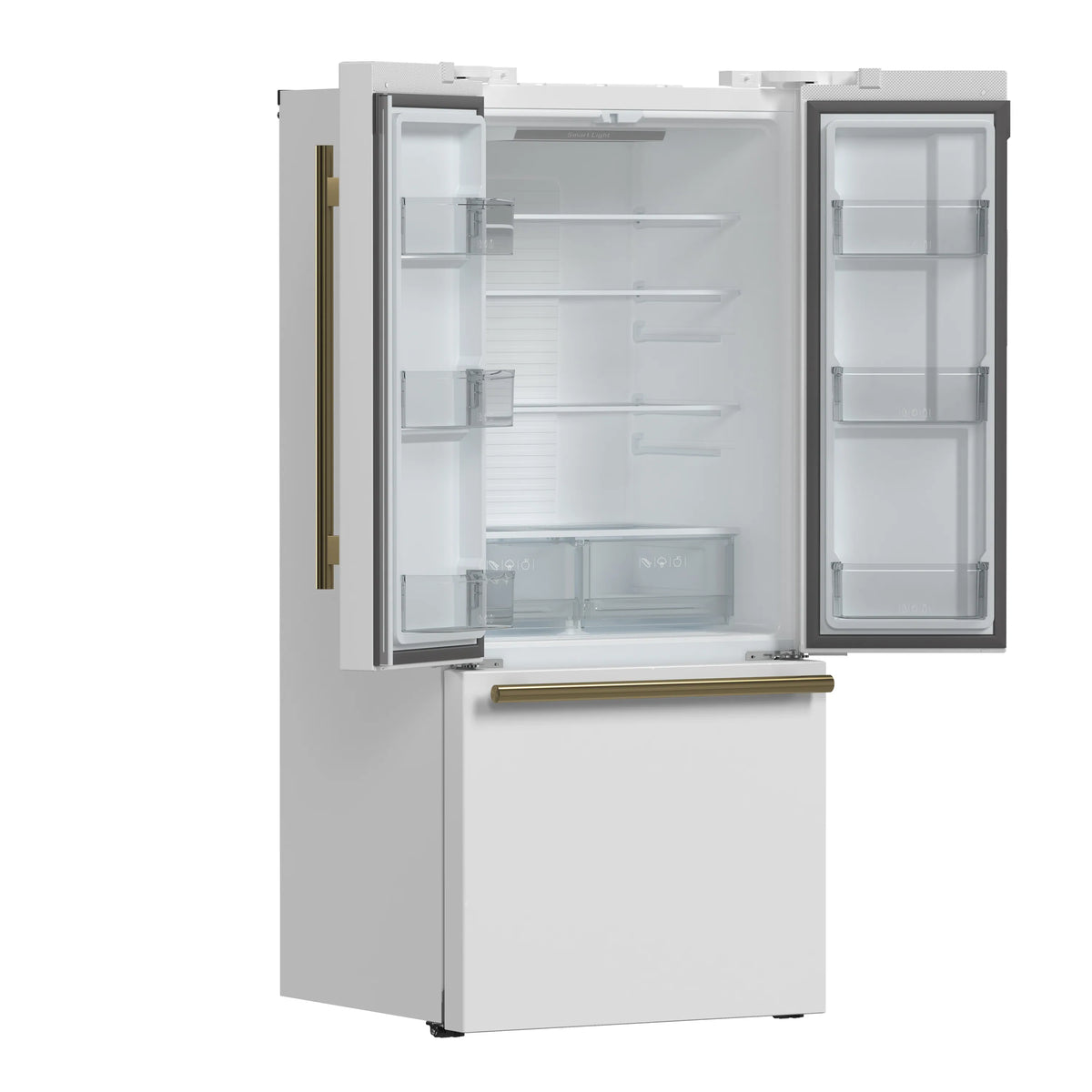 White French-door refrigerator with open right door and visible interior shelves