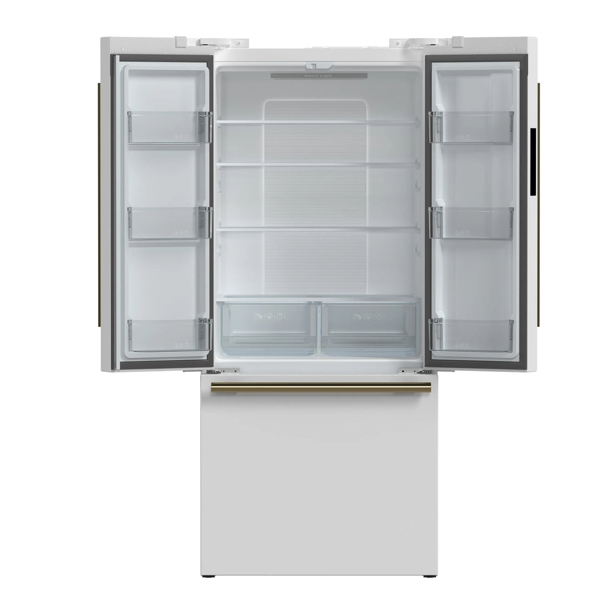 White French-door refrigerator with both doors open and interior shelving visible