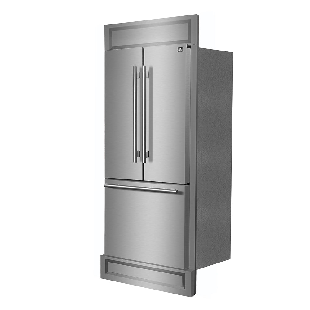 Stainless steel French door refrigerator with top freezer and decorative grille